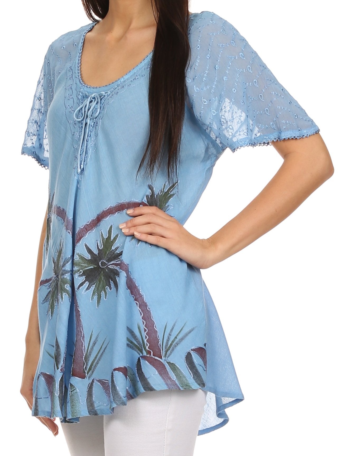 Sakkas - Albina Island Relaxed Fit Embroidery Cap Sleeves Blouse