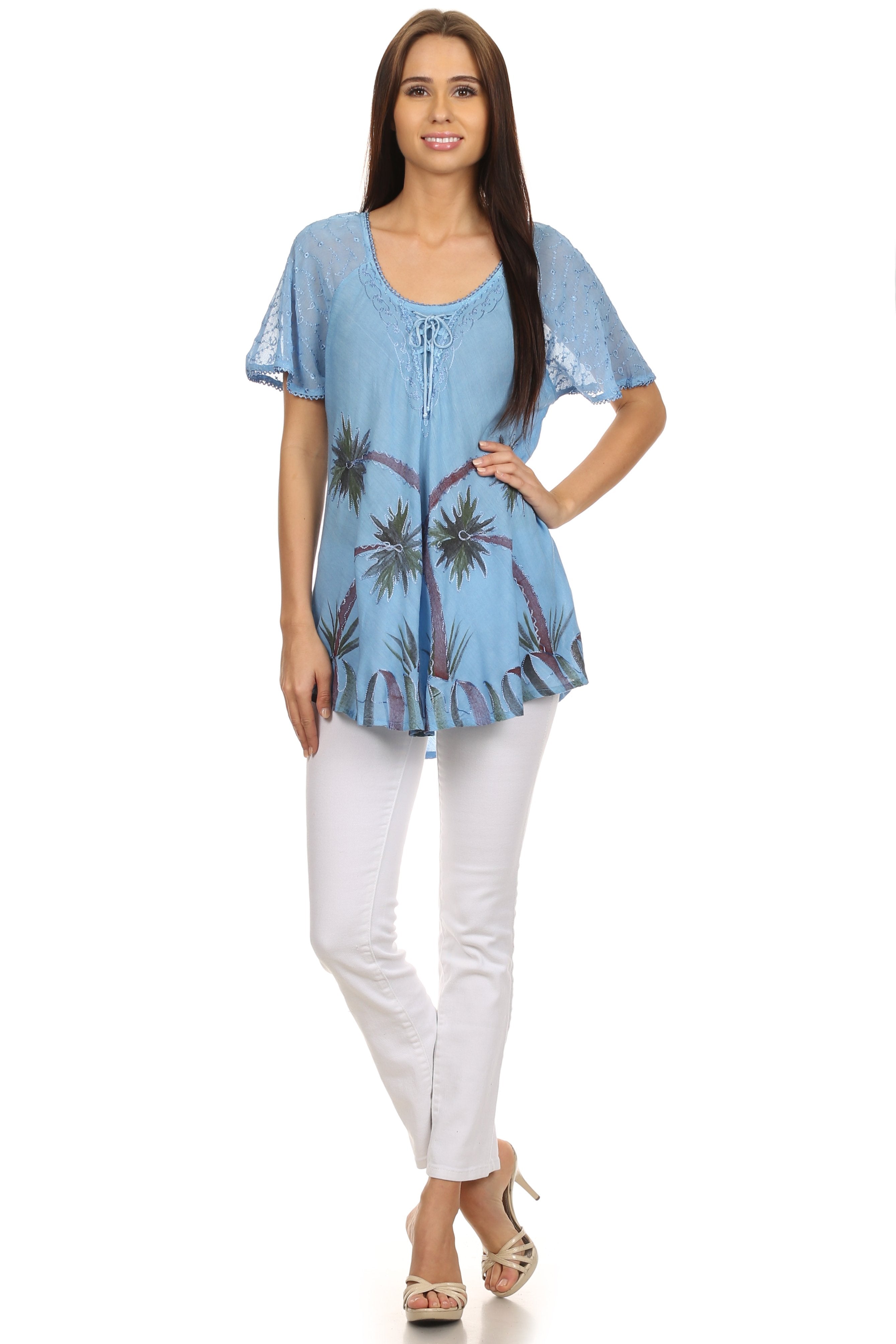 Sakkas - Albina Island Relaxed Fit Embroidery Cap Sleeves Blouse