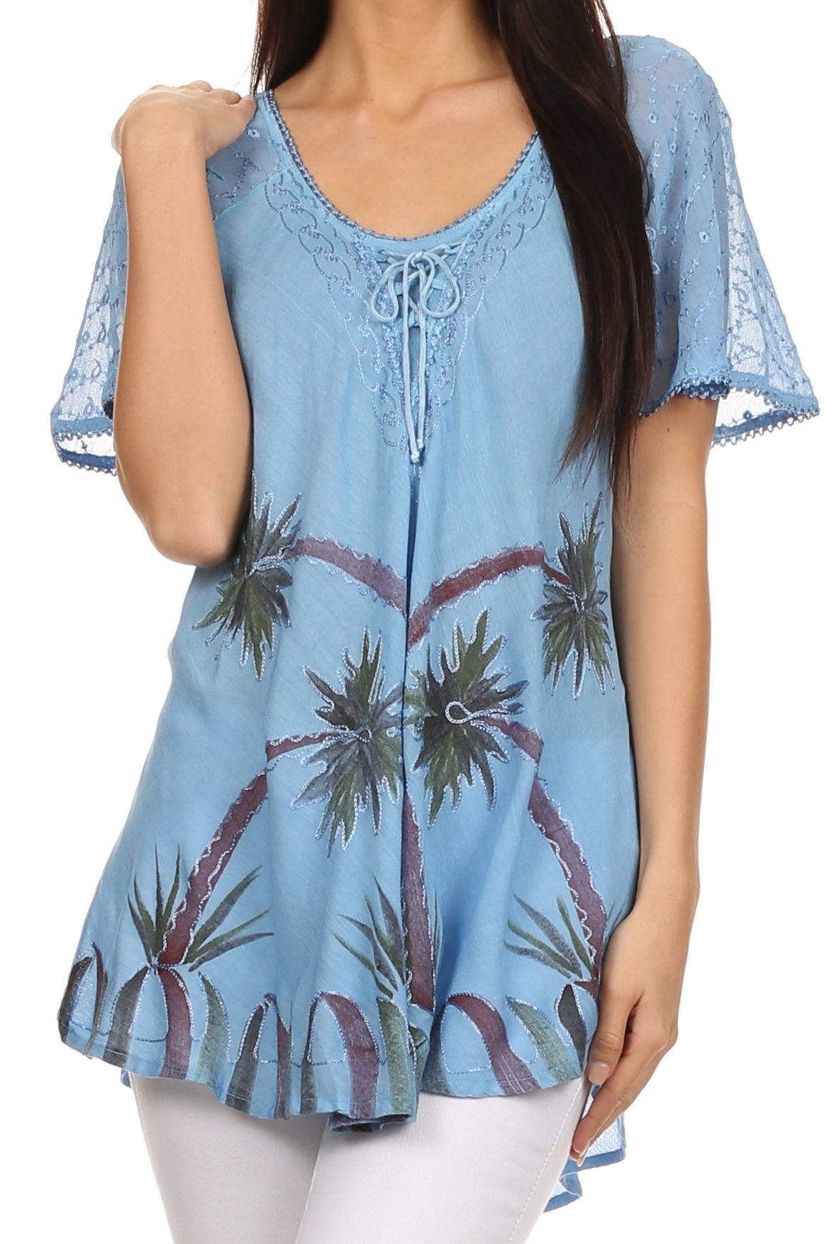 Sakkas - Albina Island Relaxed Fit Embroidery Cap Sleeves Blouse