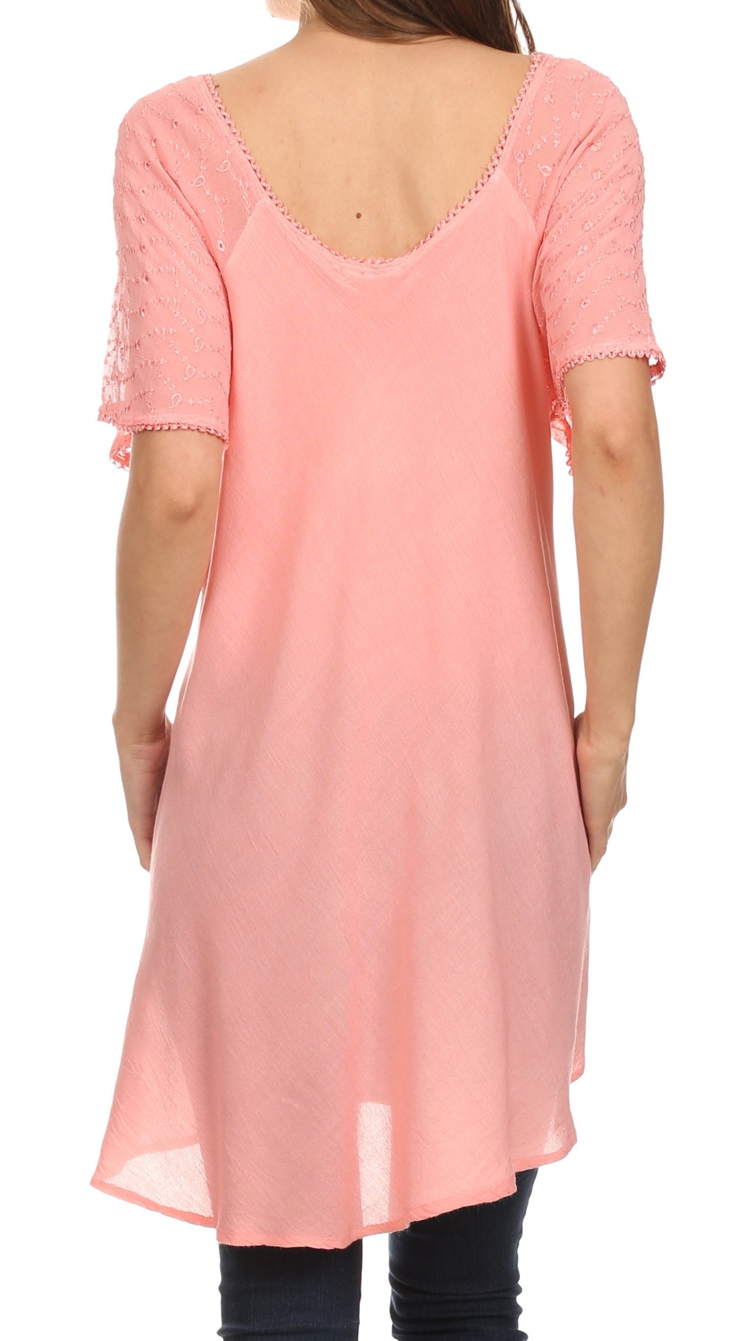 Sakkas - Albina Island Relaxed Fit Embroidery Cap Sleeves Blouse