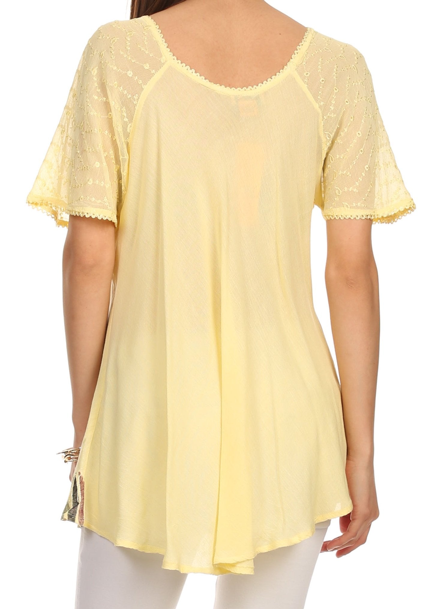 Sakkas - Albina Island Relaxed Fit Embroidery Cap Sleeves Blouse