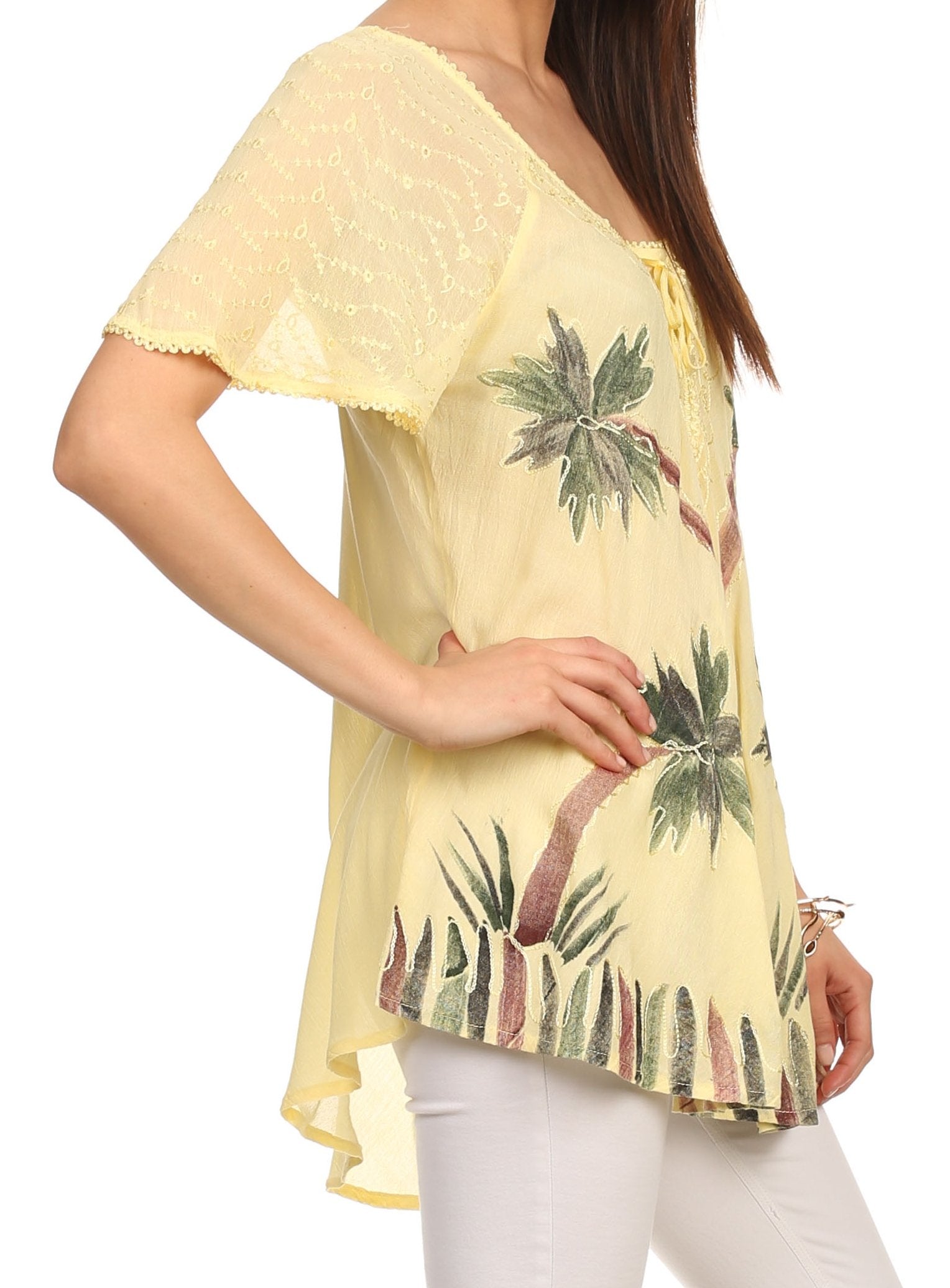Sakkas - Albina Island Relaxed Fit Embroidery Cap Sleeves Blouse