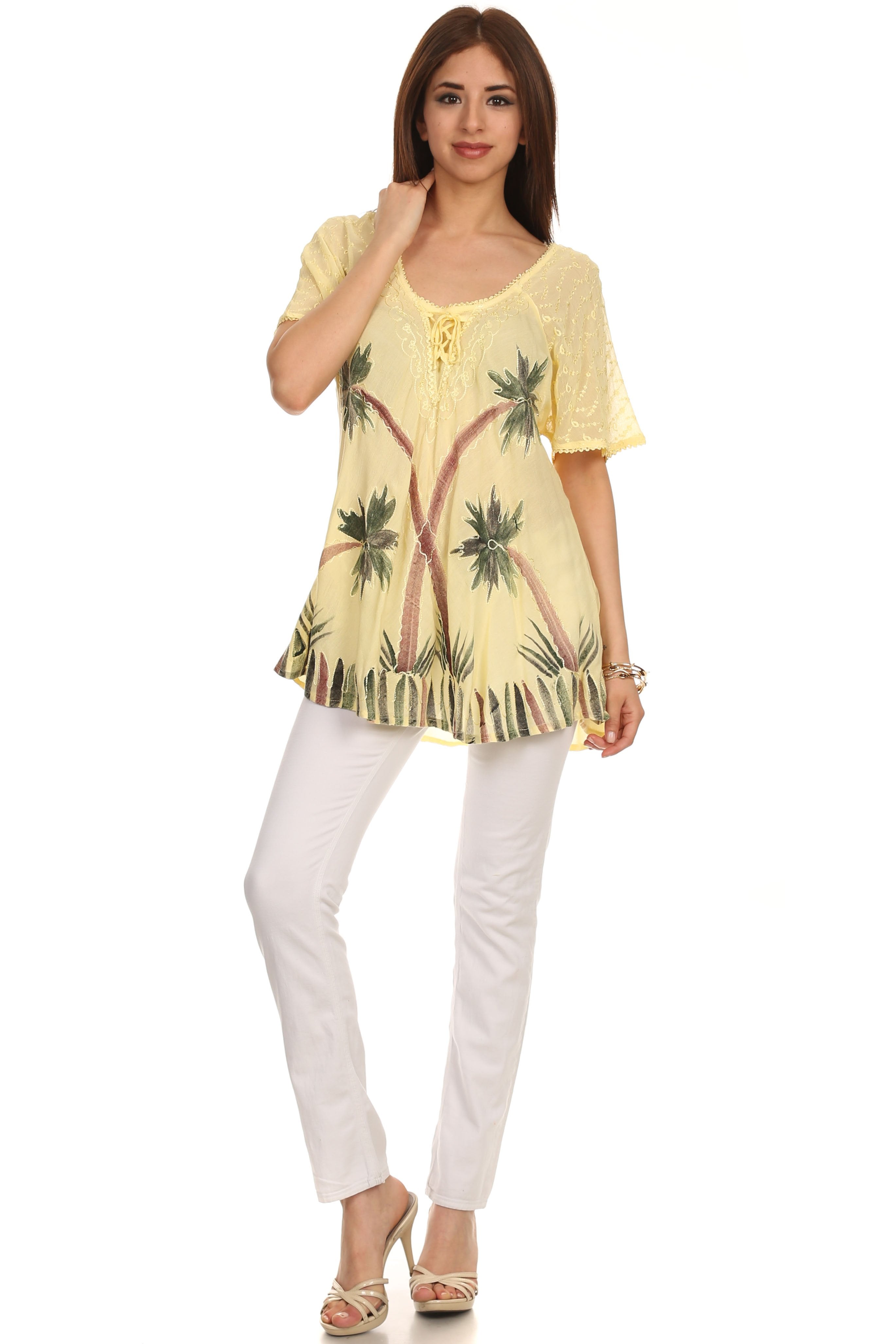 Sakkas - Albina Island Relaxed Fit Embroidery Cap Sleeves Blouse