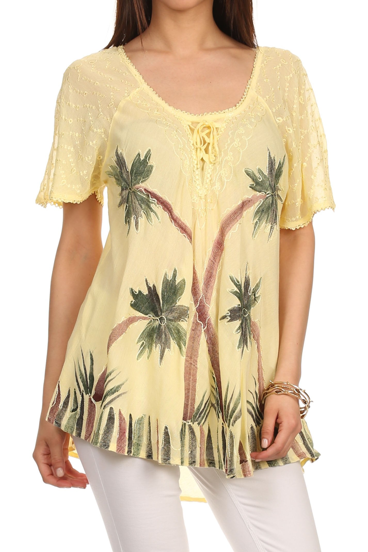 Sakkas - Albina Island Relaxed Fit Embroidery Cap Sleeves Blouse