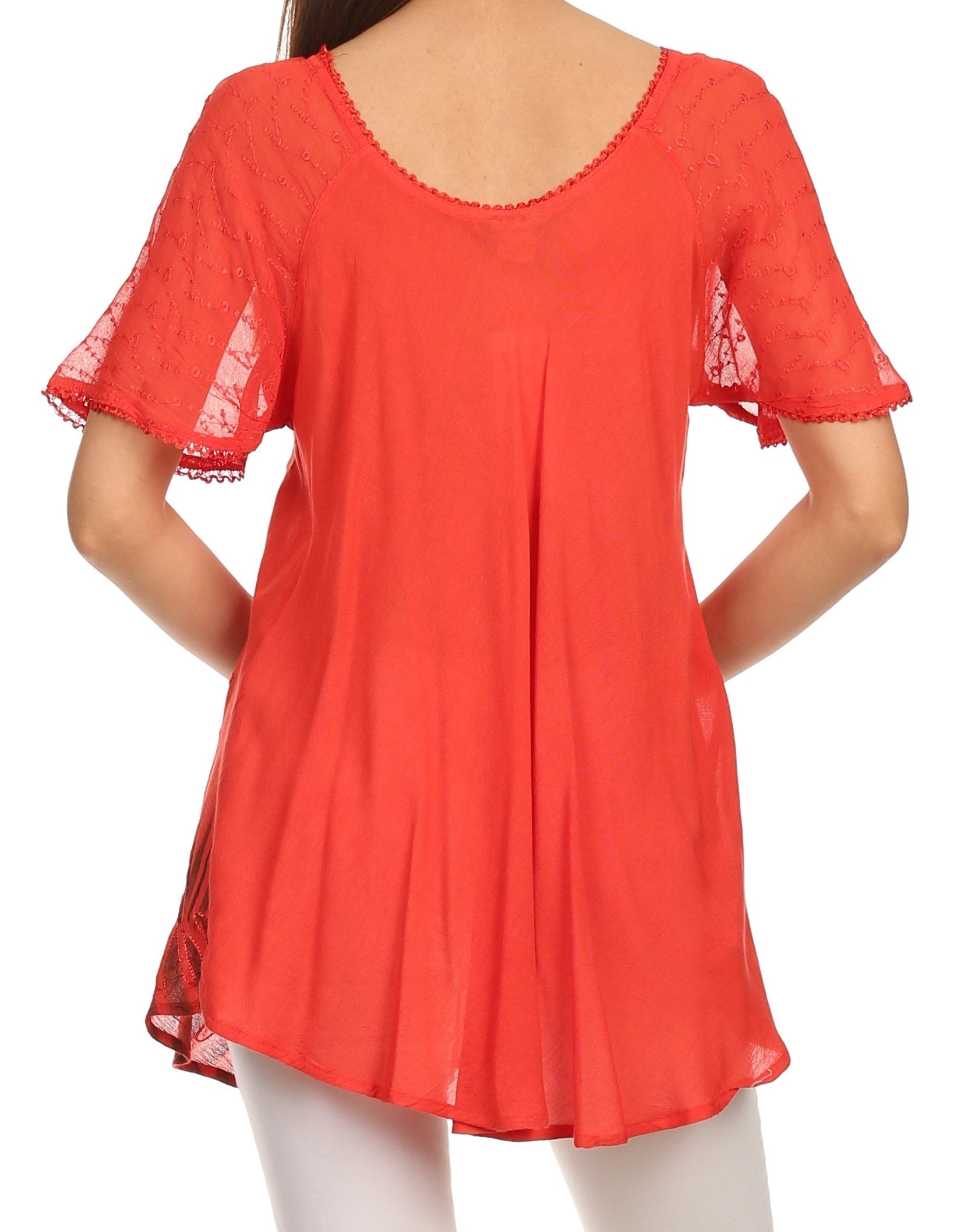 Sakkas - Albina Island Relaxed Fit Embroidery Cap Sleeves Blouse