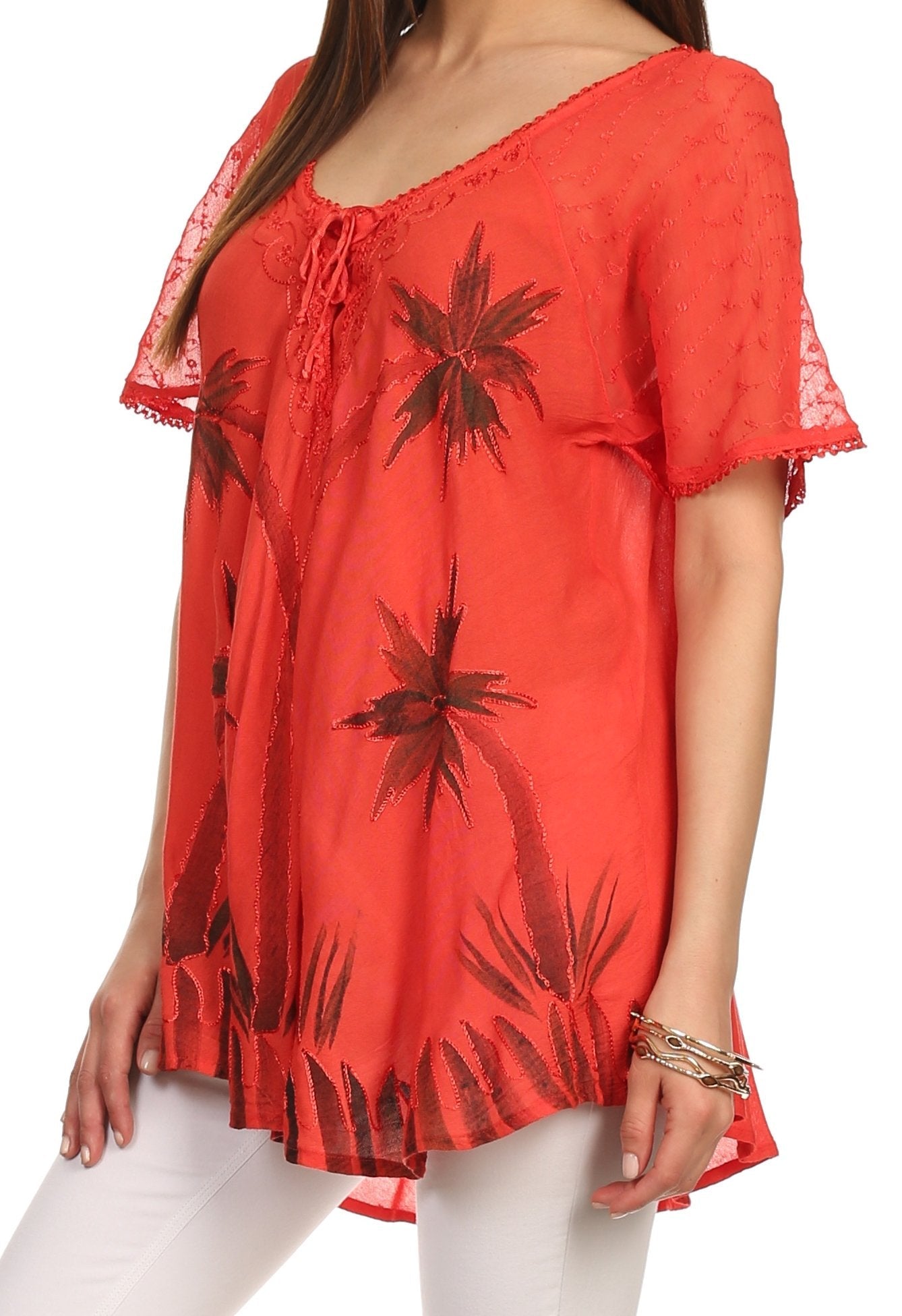 Sakkas - Albina Island Relaxed Fit Embroidery Cap Sleeves Blouse