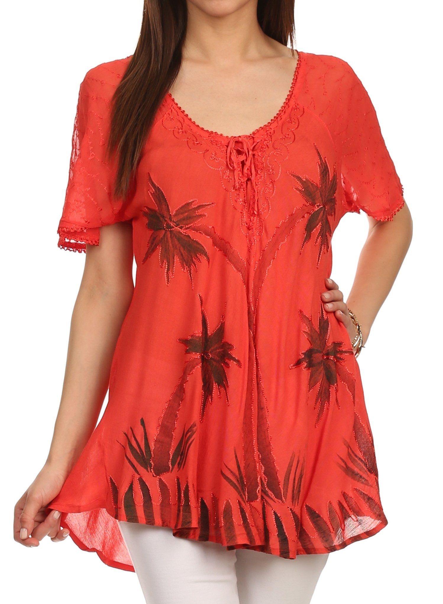 Sakkas - Albina Island Relaxed Fit Embroidery Cap Sleeves Blouse