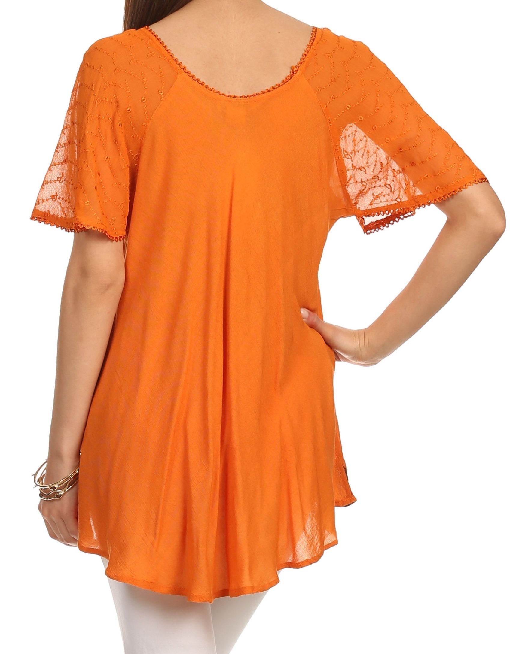 Sakkas - Albina Island Relaxed Fit Embroidery Cap Sleeves Blouse
