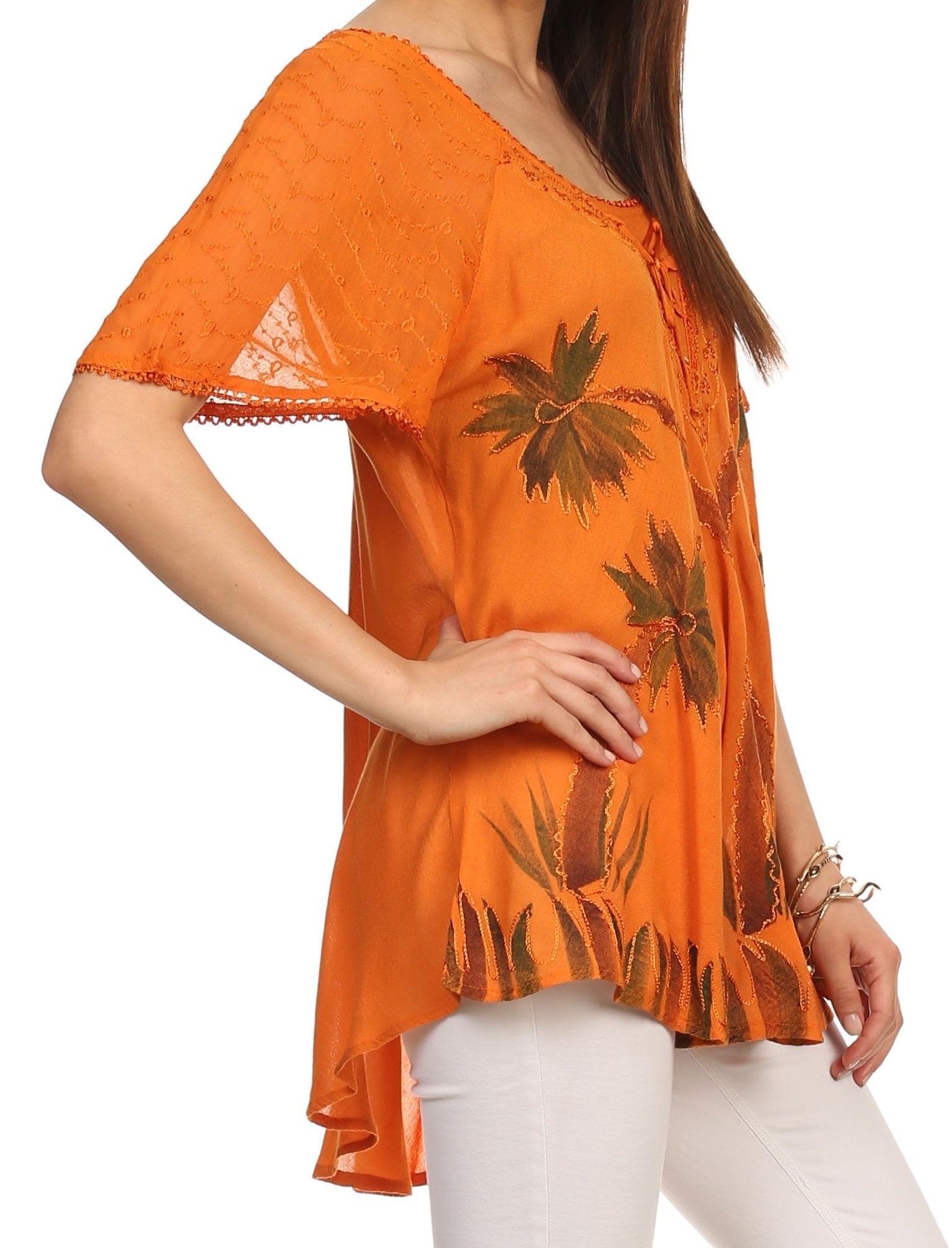 Sakkas - Albina Island Relaxed Fit Embroidery Cap Sleeves Blouse