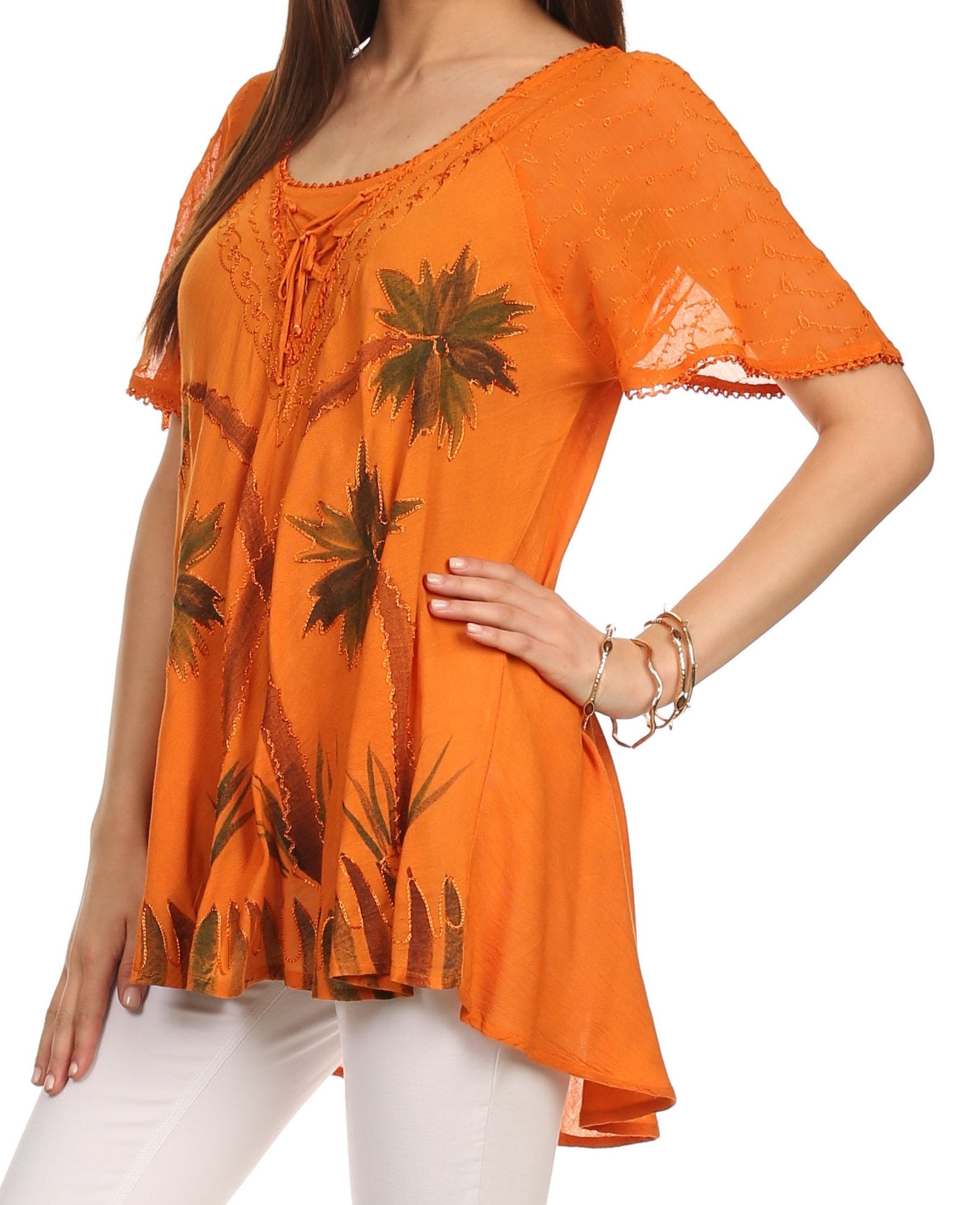 Sakkas - Albina Island Relaxed Fit Embroidery Cap Sleeves Blouse