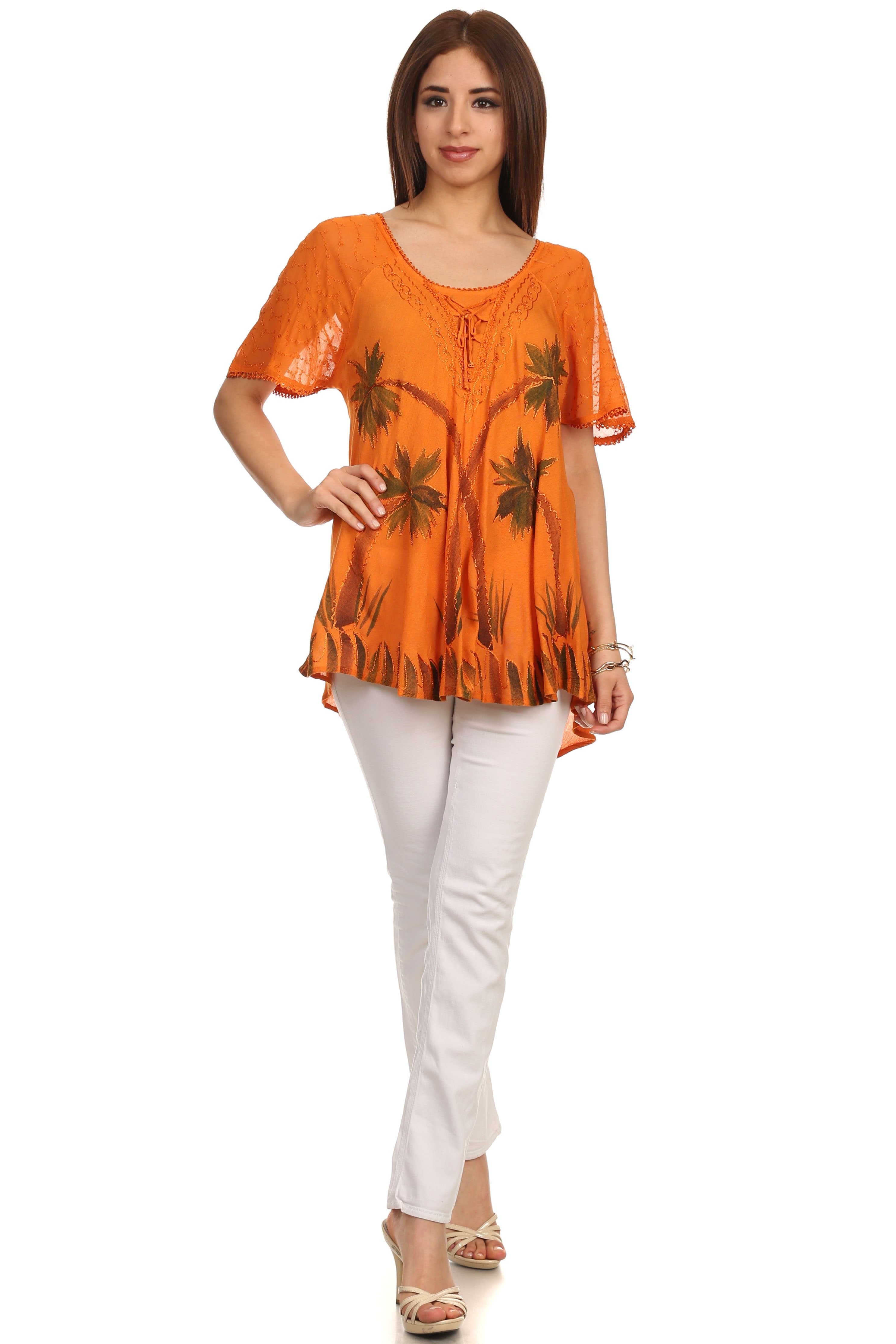 Sakkas - Albina Island Relaxed Fit Embroidery Cap Sleeves Blouse