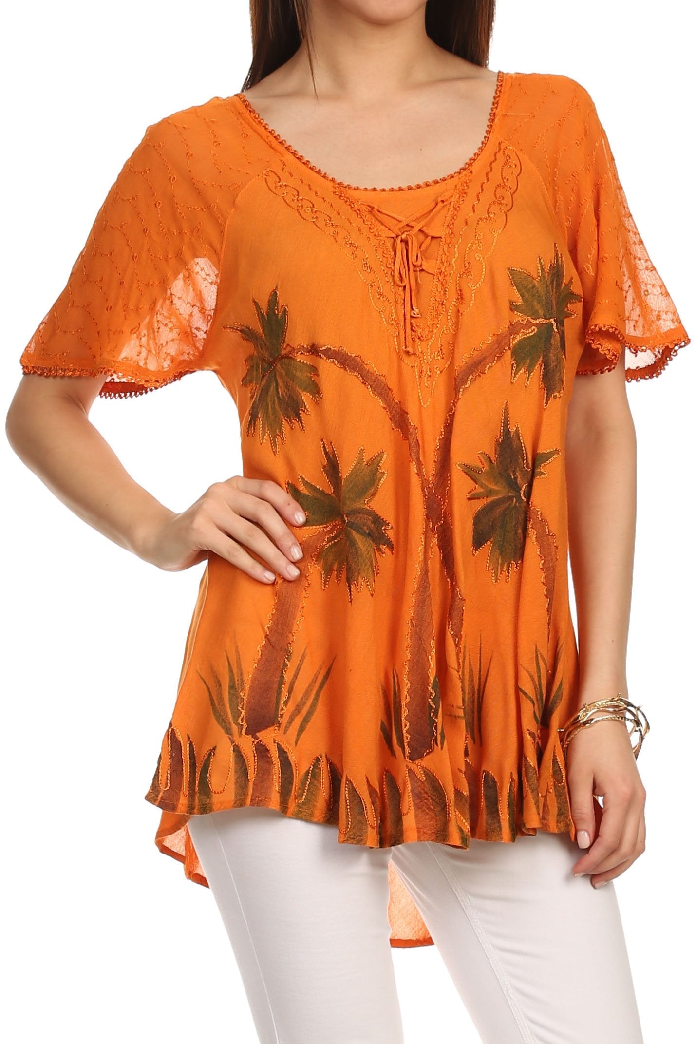 Sakkas - Albina Island Relaxed Fit Embroidery Cap Sleeves Blouse