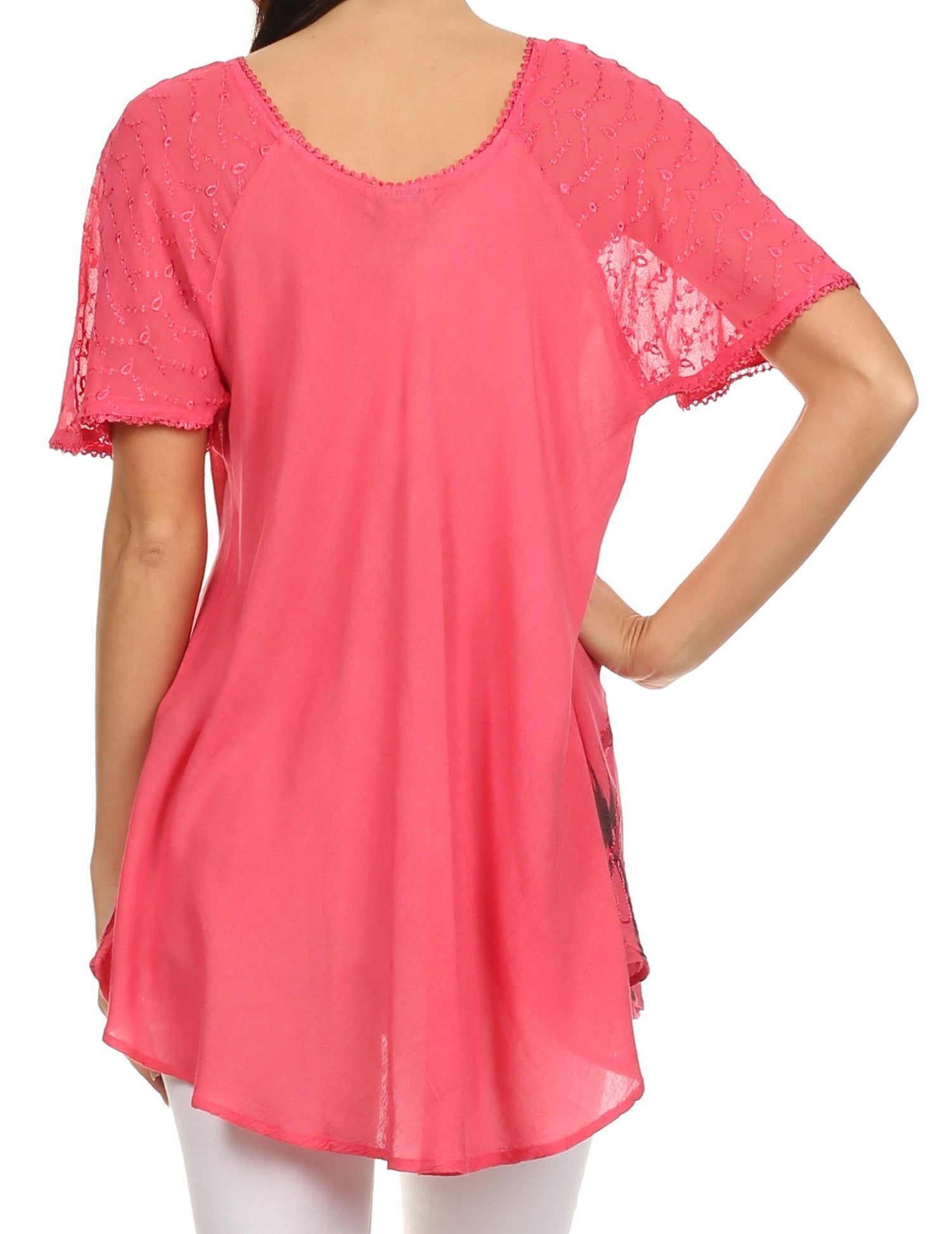 Sakkas - Albina Island Relaxed Fit Embroidery Cap Sleeves Blouse