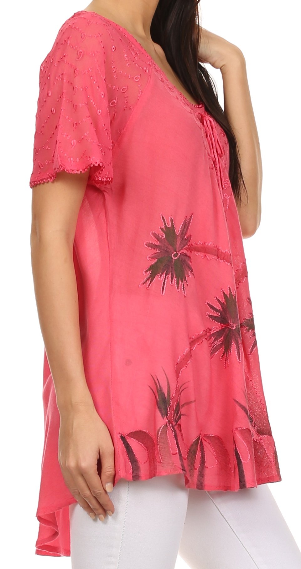 Sakkas - Albina Island Relaxed Fit Embroidery Cap Sleeves Blouse
