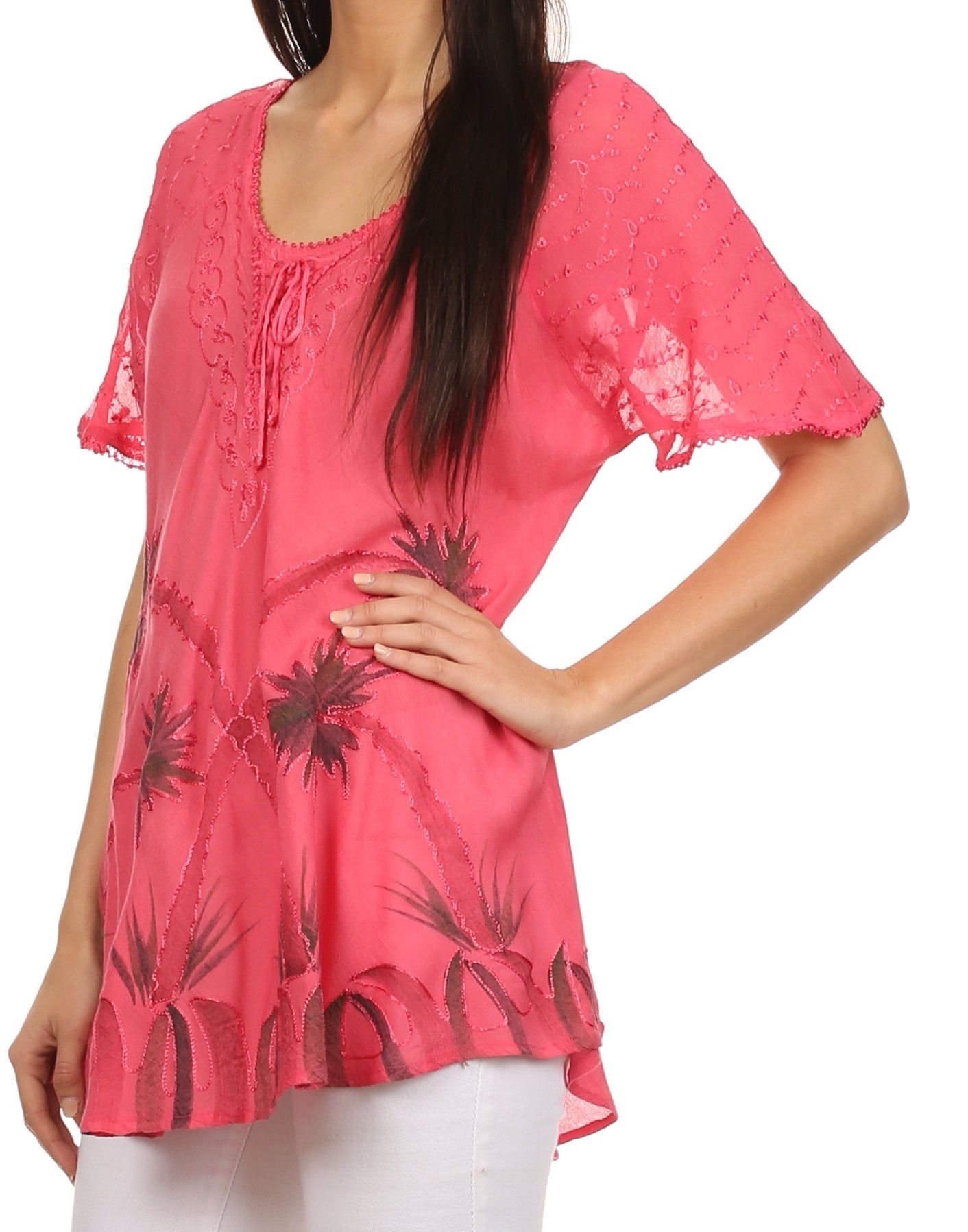 Sakkas - Albina Island Relaxed Fit Embroidery Cap Sleeves Blouse