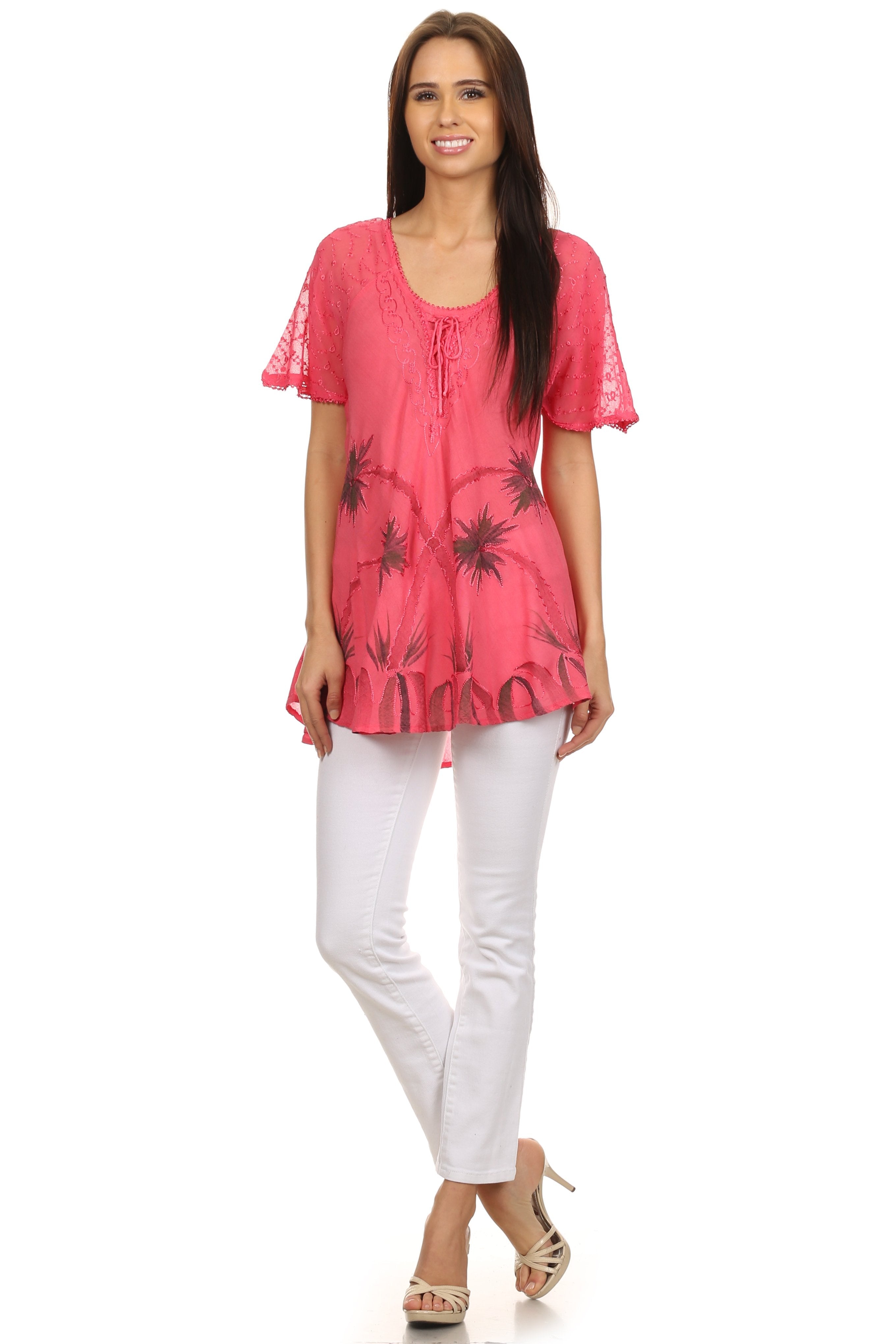 Sakkas - Albina Island Relaxed Fit Embroidery Cap Sleeves Blouse