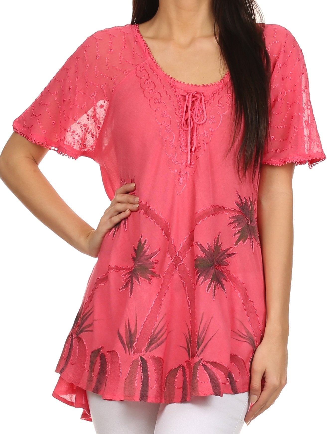 Sakkas - Albina Island Relaxed Fit Embroidery Cap Sleeves Blouse