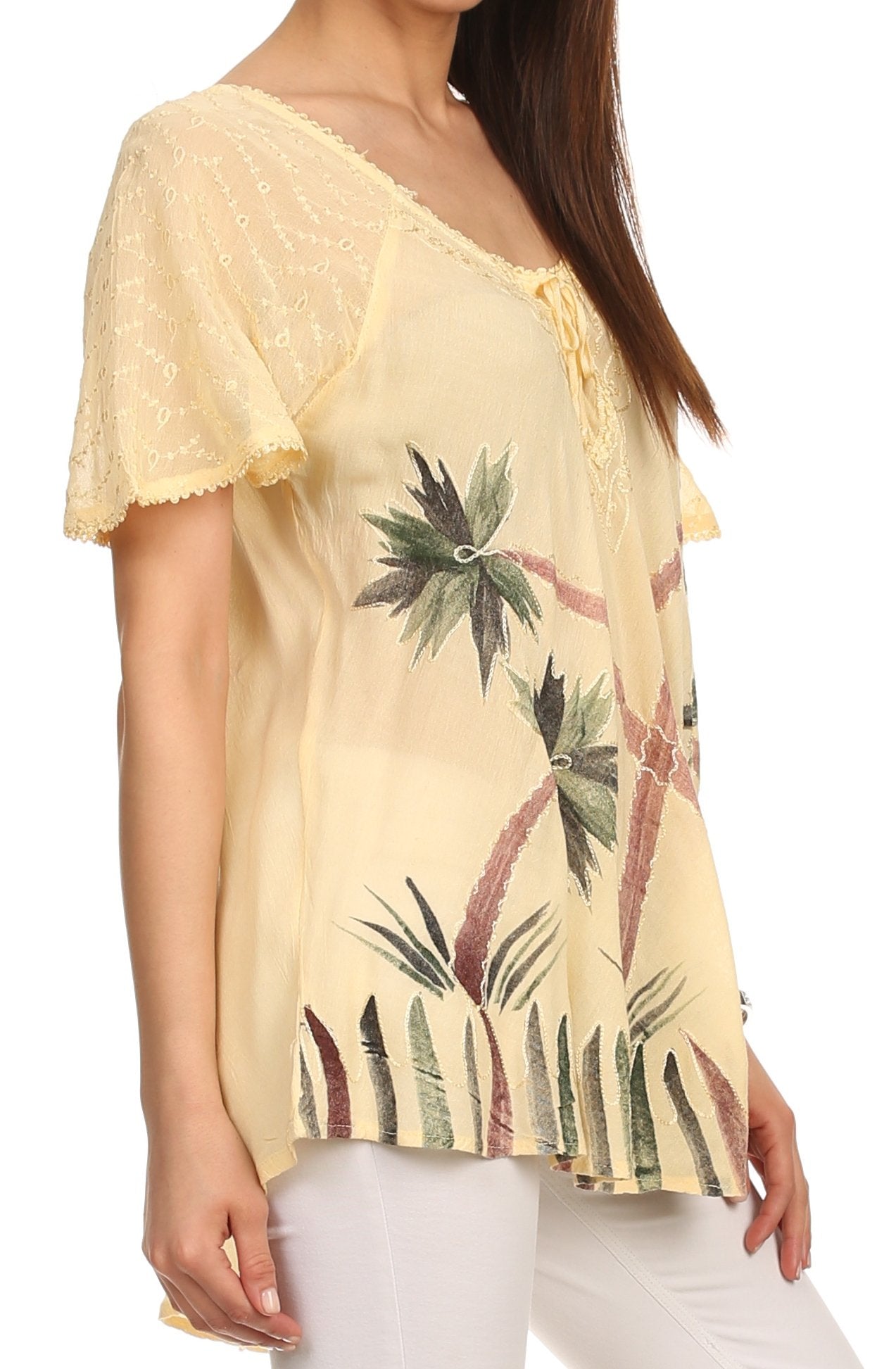 Sakkas - Albina Island Relaxed Fit Embroidery Cap Sleeves Blouse