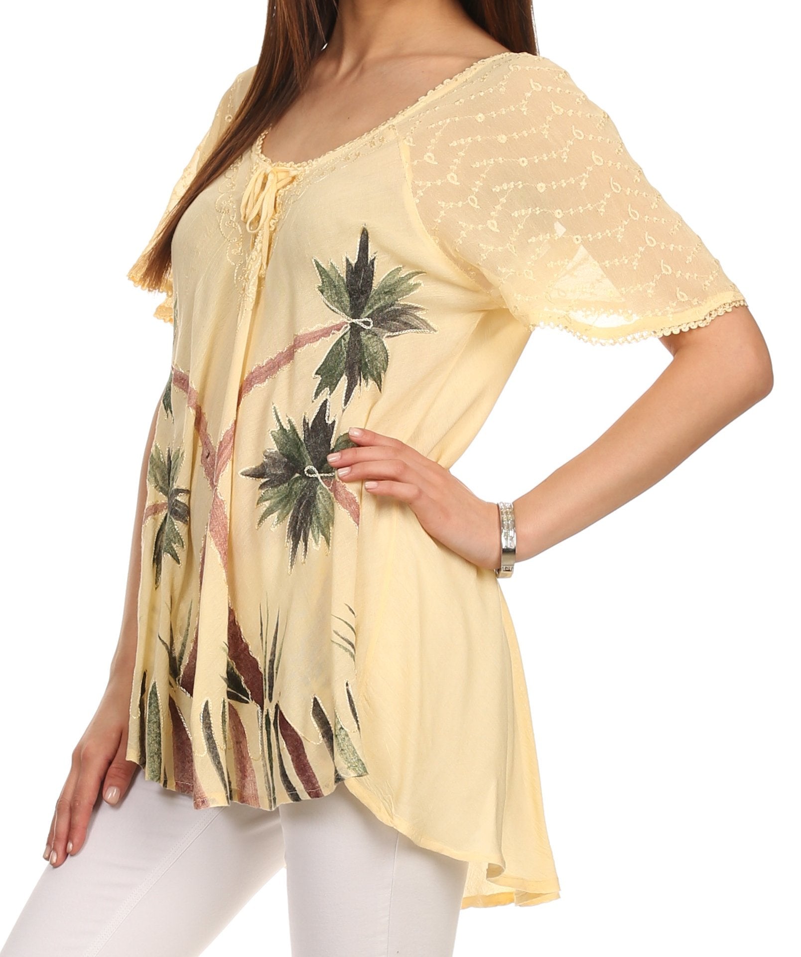 Sakkas - Albina Island Relaxed Fit Embroidery Cap Sleeves Blouse