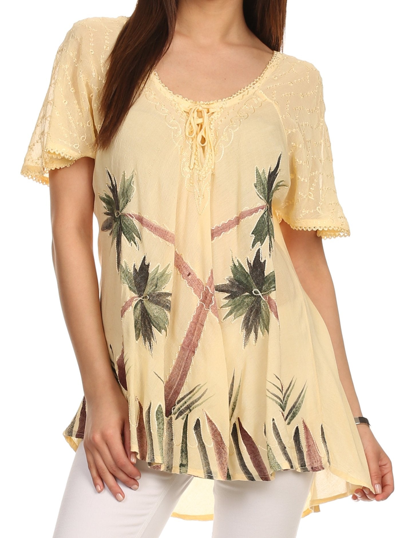Sakkas - Albina Island Relaxed Fit Embroidery Cap Sleeves Blouse