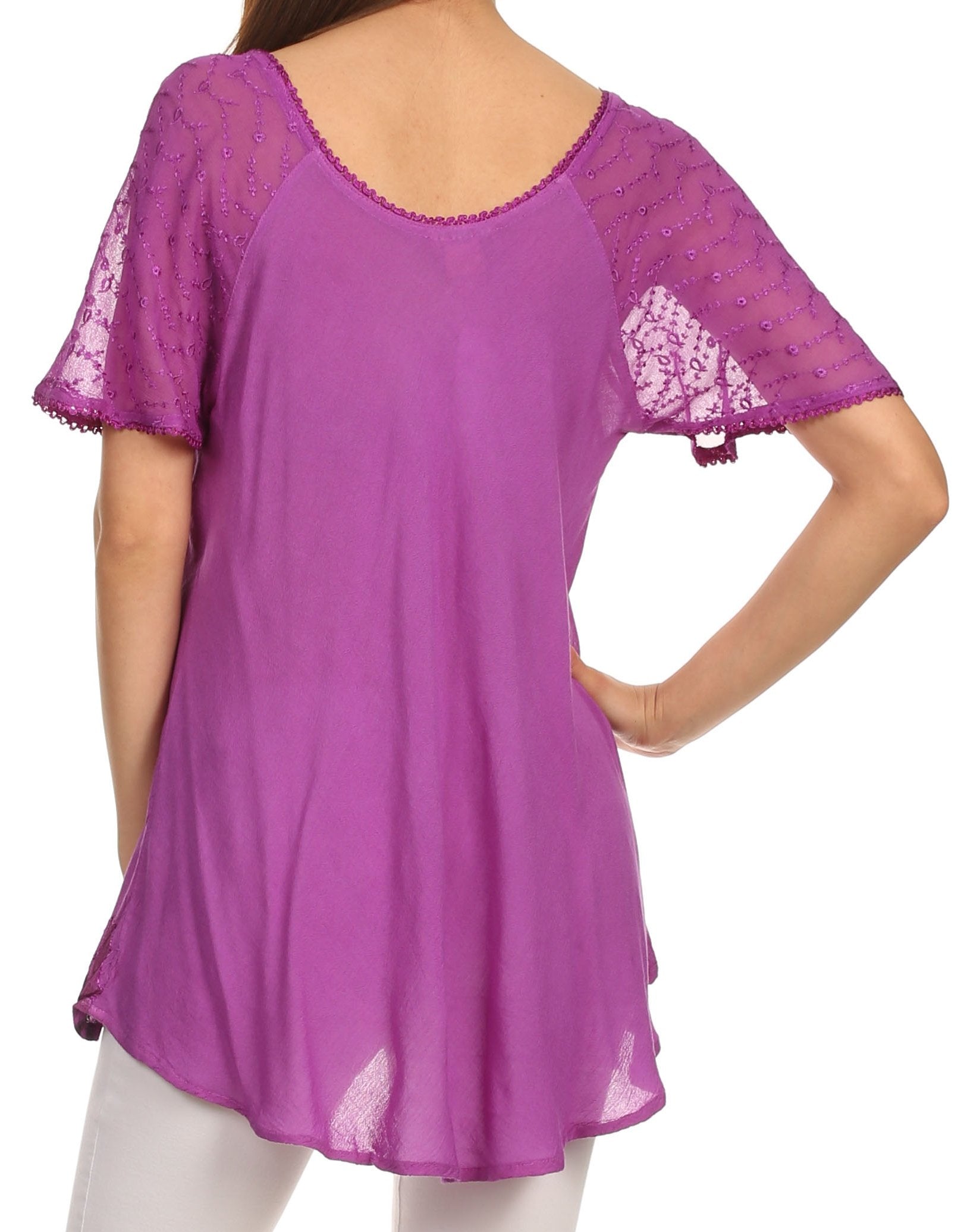 Sakkas - Albina Island Relaxed Fit Embroidery Cap Sleeves Blouse