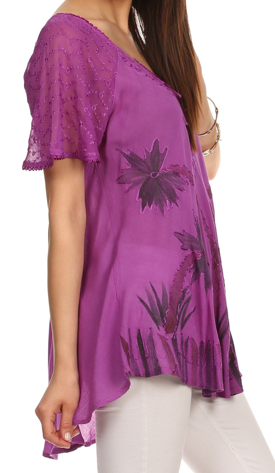 Sakkas - Albina Island Relaxed Fit Embroidery Cap Sleeves Blouse