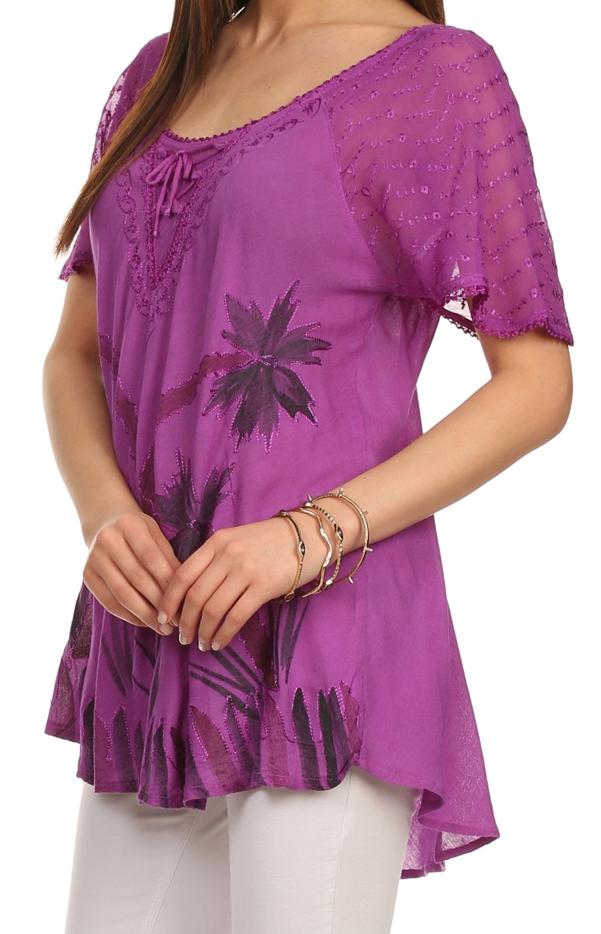 Sakkas - Albina Island Relaxed Fit Embroidery Cap Sleeves Blouse