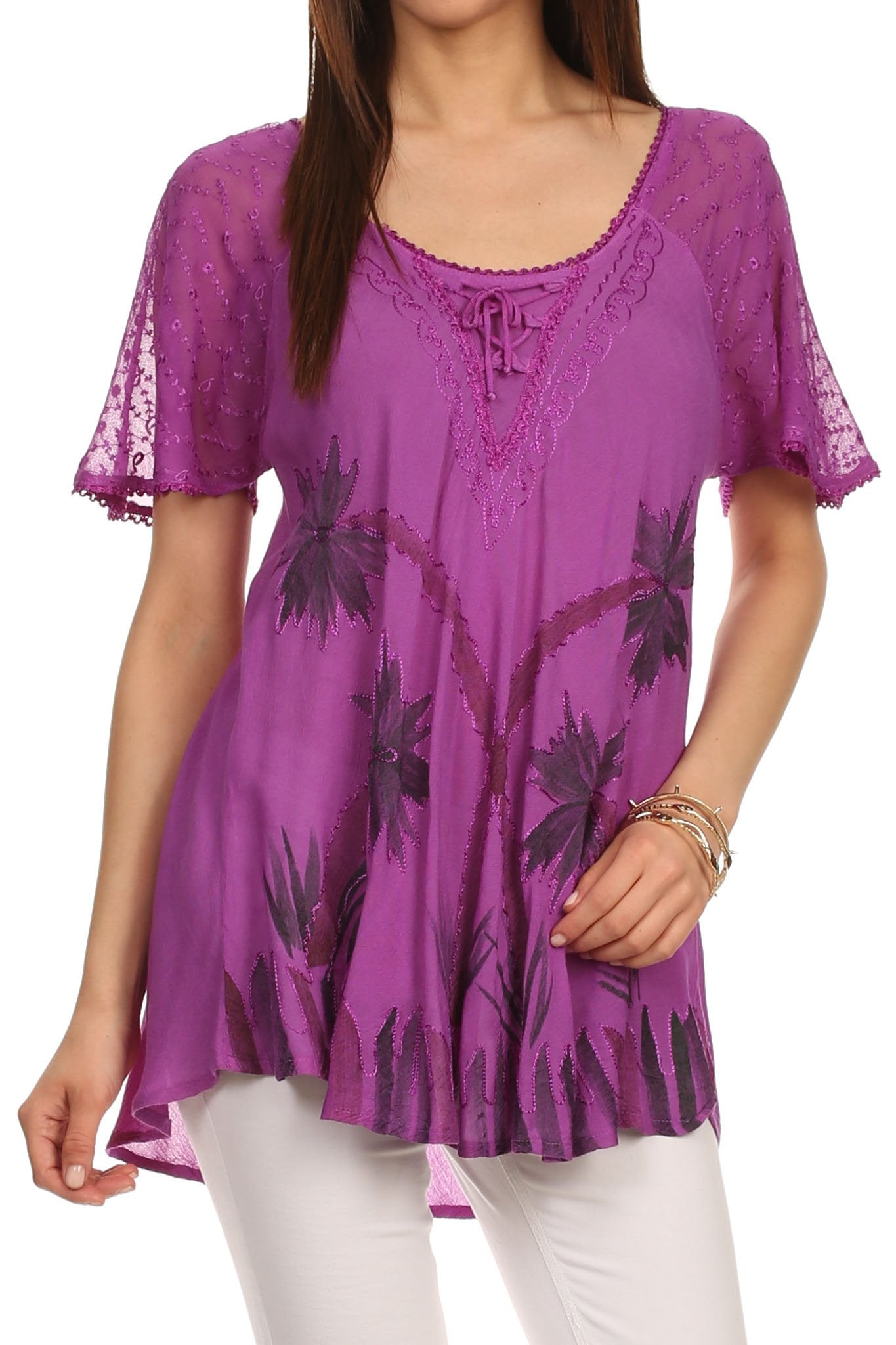 Sakkas - Albina Island Relaxed Fit Embroidery Cap Sleeves Blouse