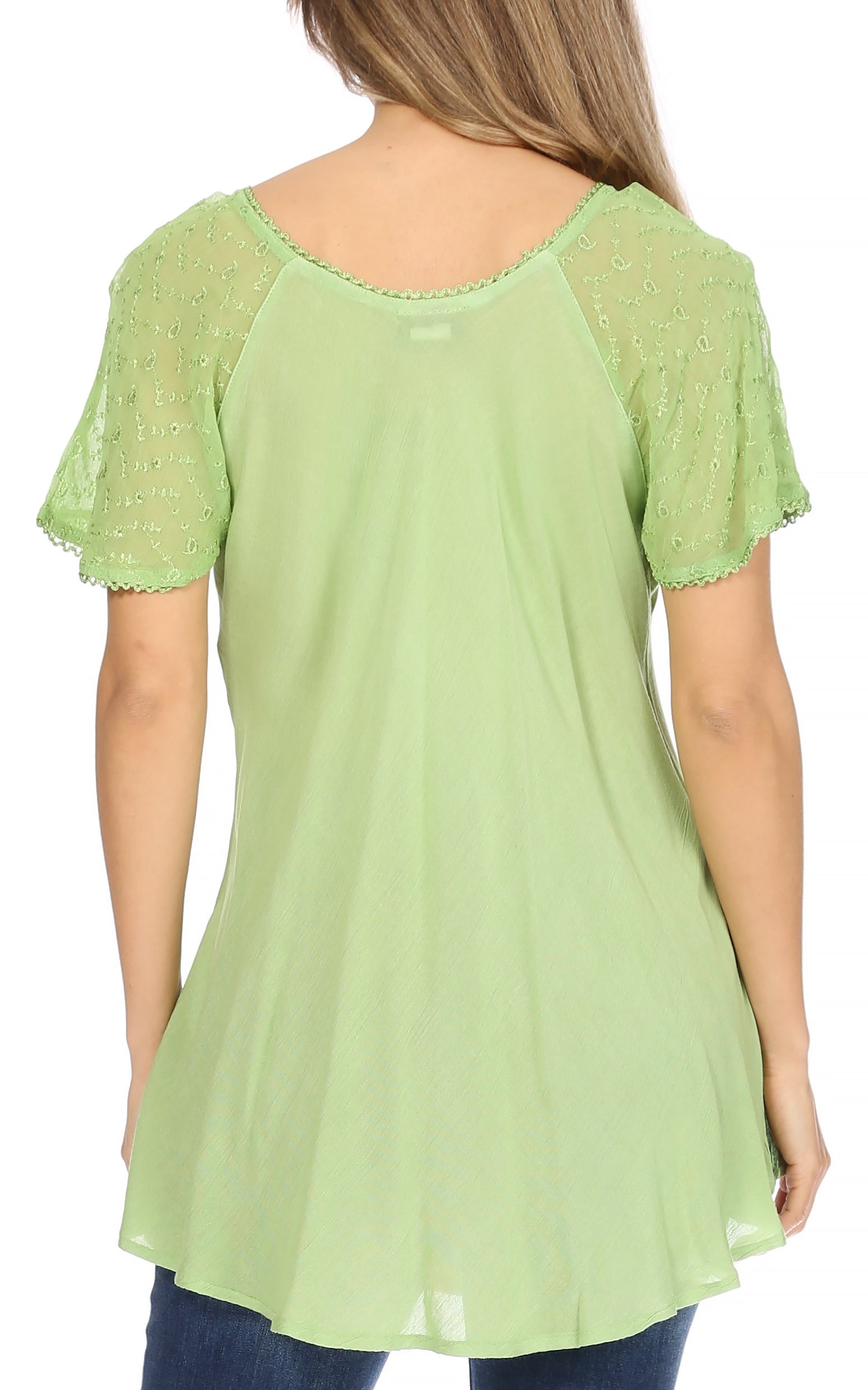 Sakkas - Albina Island Relaxed Fit Embroidery Cap Sleeves Blouse