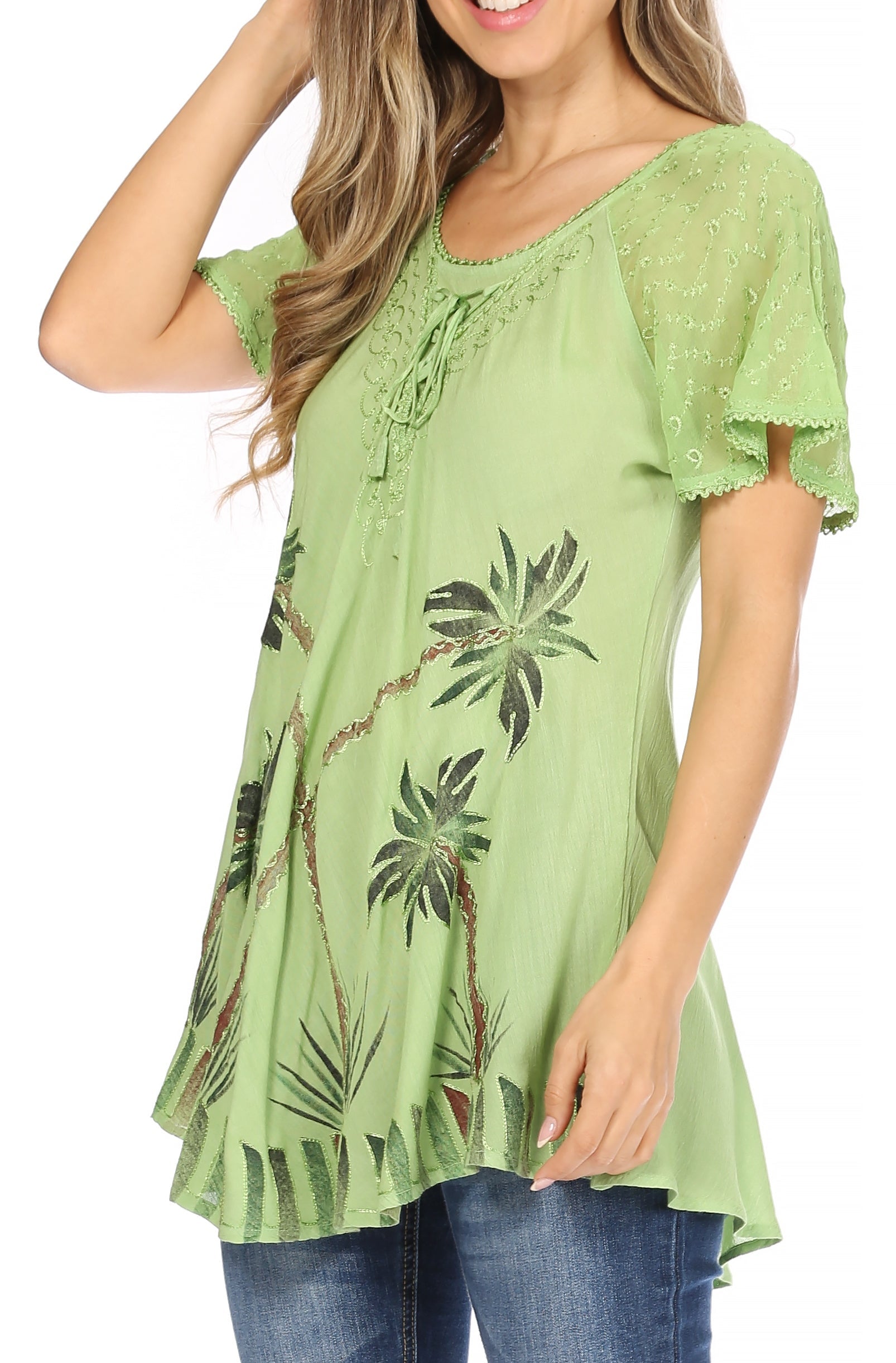 Sakkas - Albina Island Relaxed Fit Embroidery Cap Sleeves Blouse