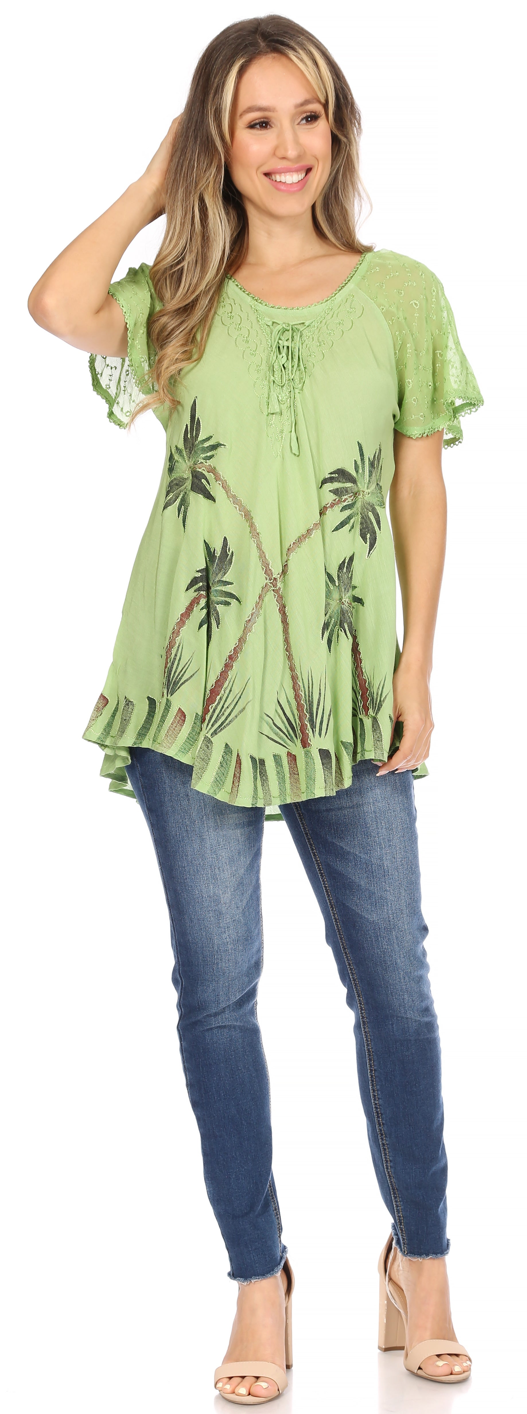 Sakkas - Albina Island Relaxed Fit Embroidery Cap Sleeves Blouse