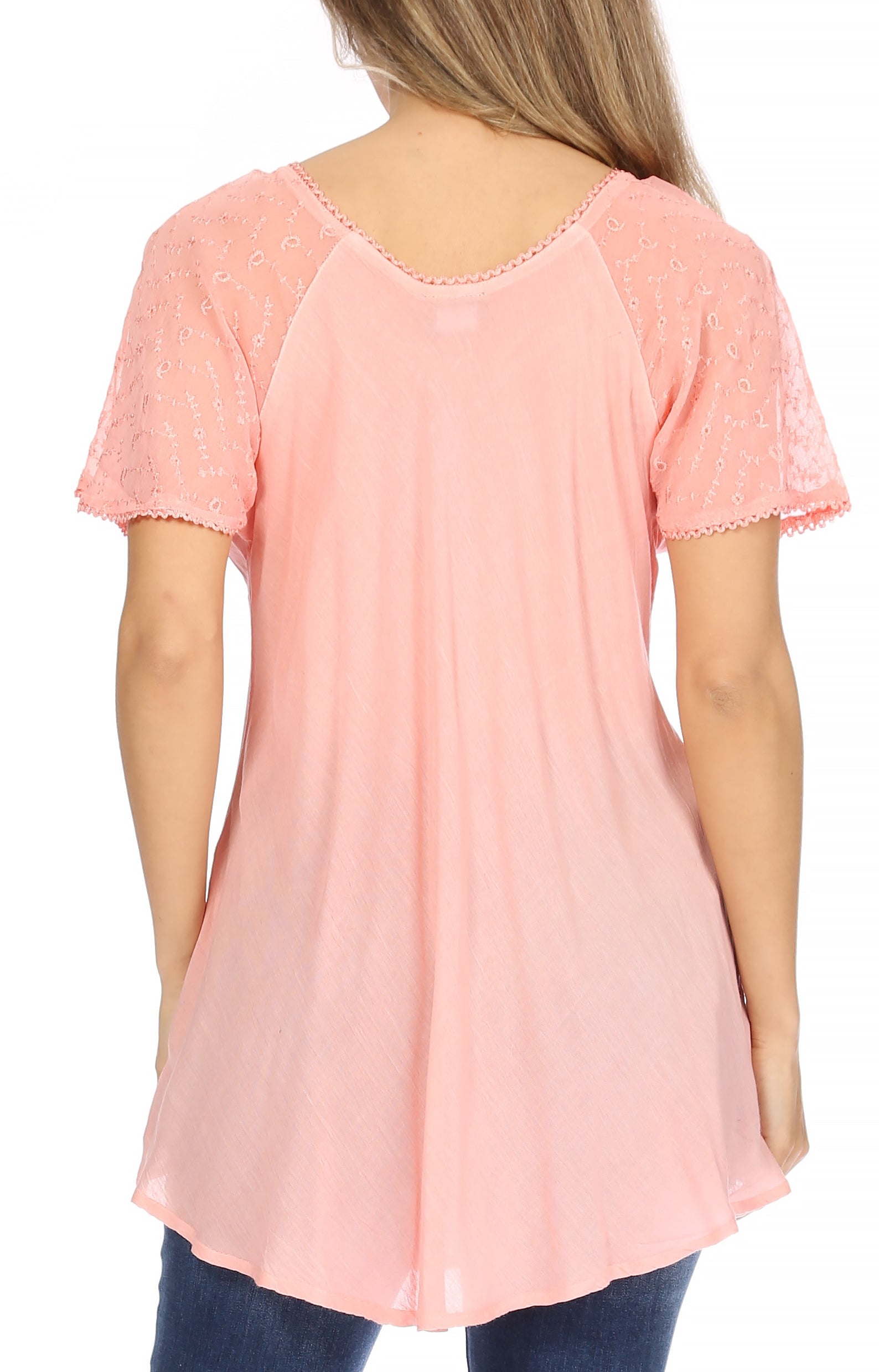 Sakkas - Albina Island Relaxed Fit Embroidery Cap Sleeves Blouse