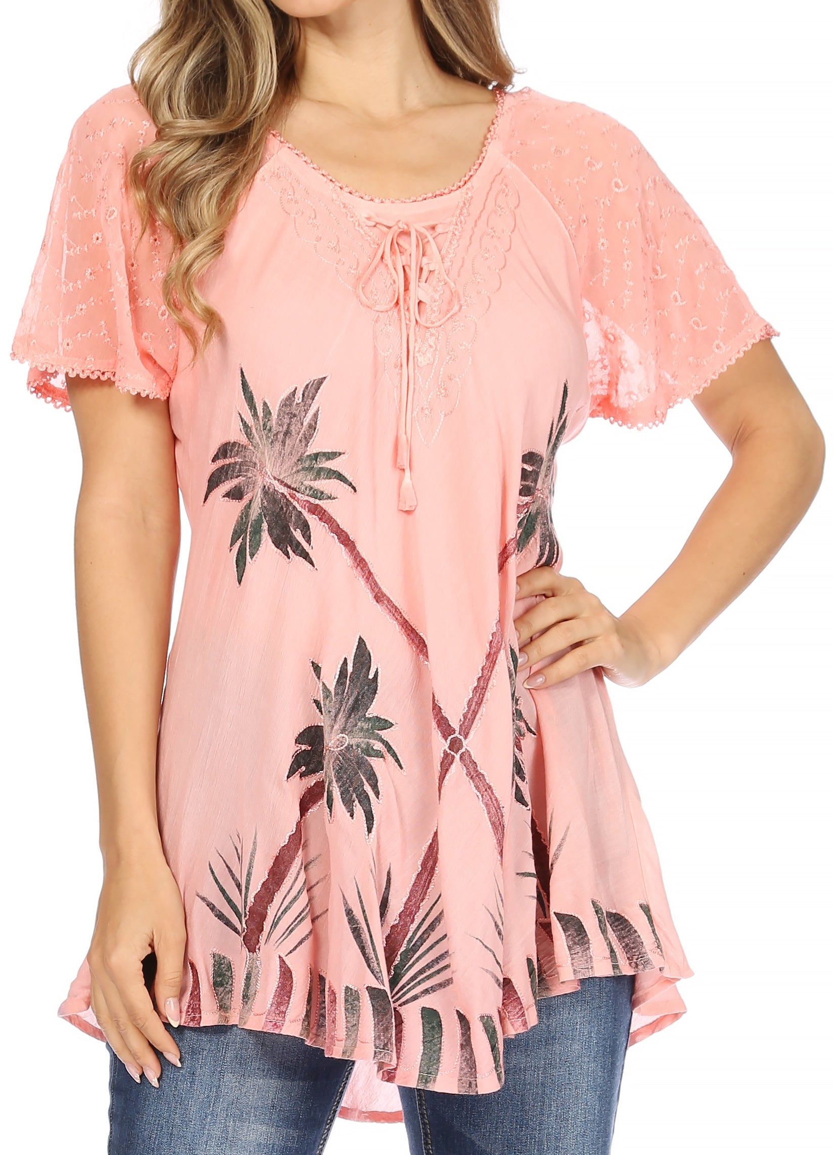 Sakkas - Albina Island Relaxed Fit Embroidery Cap Sleeves Blouse