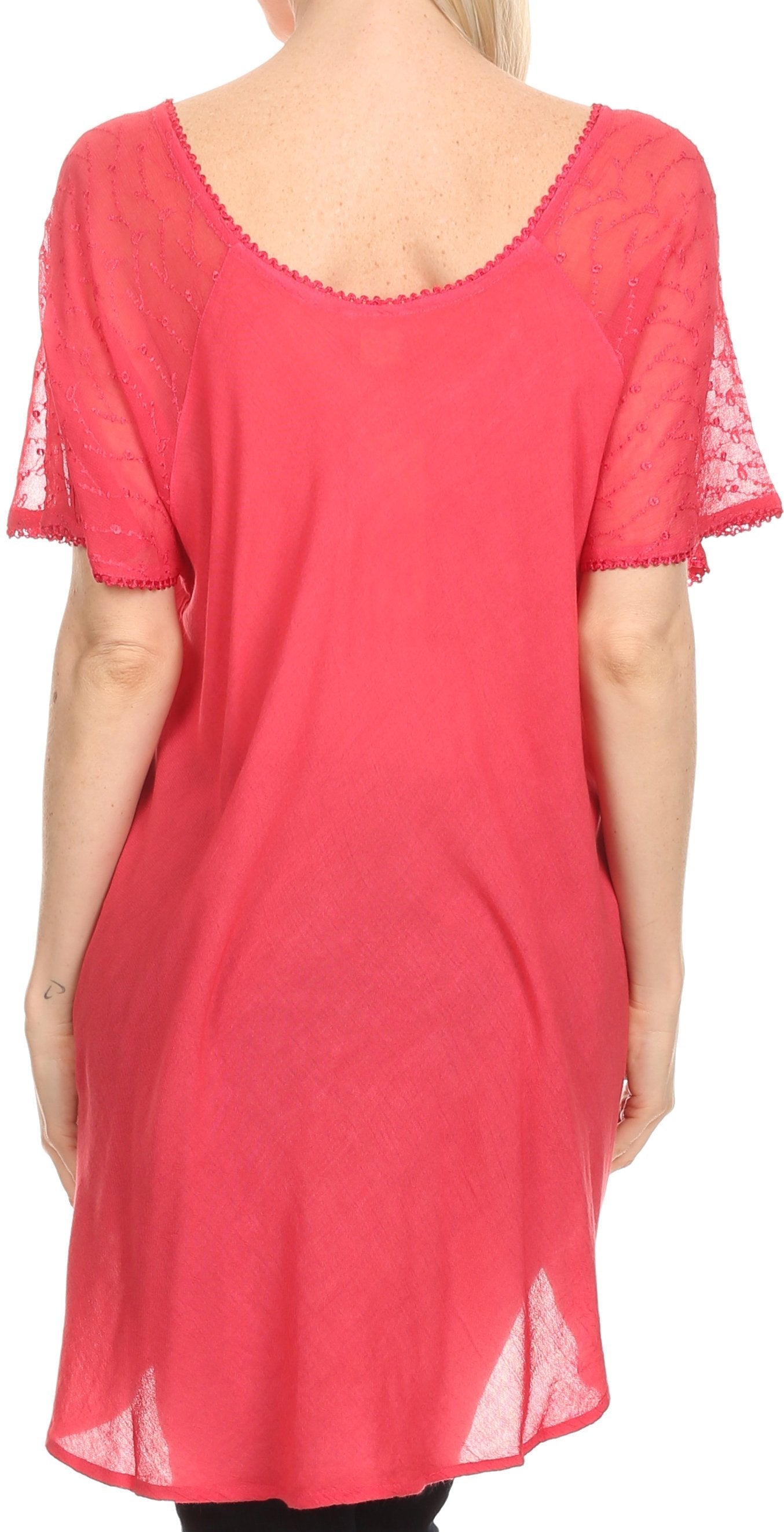 Sakkas - Albina Island Relaxed Fit Embroidery Cap Sleeves Blouse