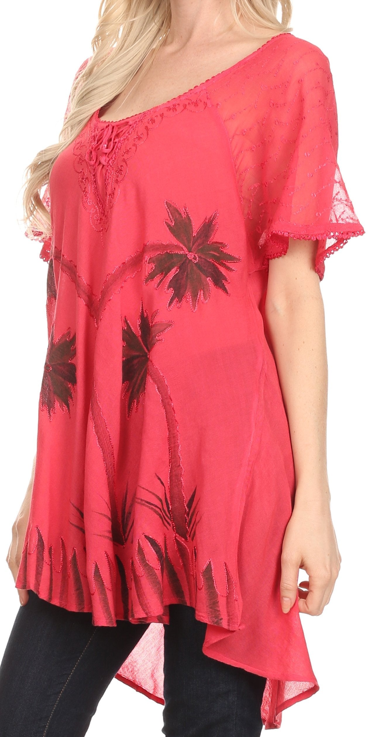 Sakkas - Albina Island Relaxed Fit Embroidery Cap Sleeves Blouse