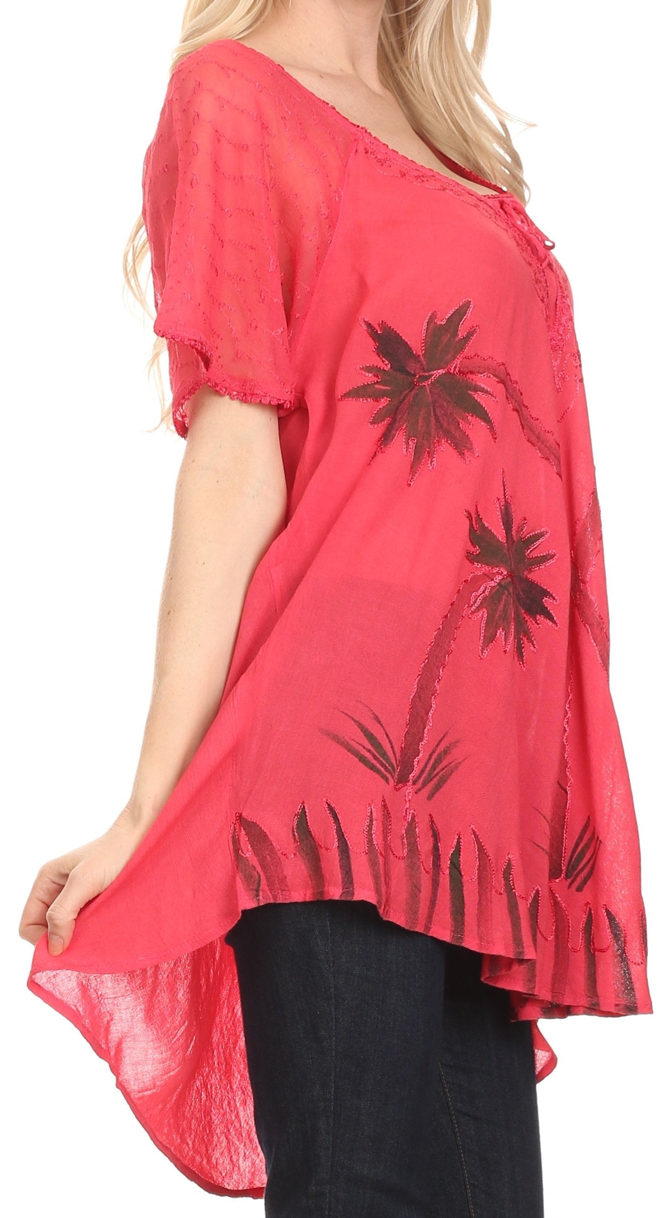 Sakkas - Albina Island Relaxed Fit Embroidery Cap Sleeves Blouse