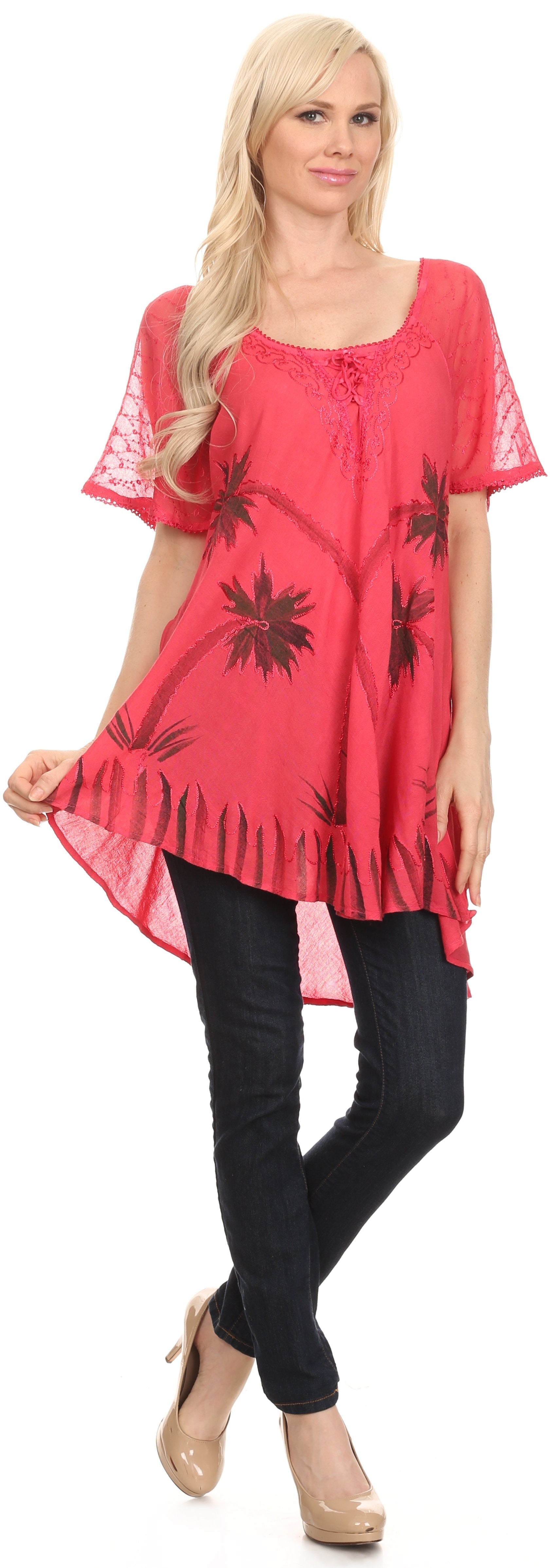 Sakkas - Albina Island Relaxed Fit Embroidery Cap Sleeves Blouse