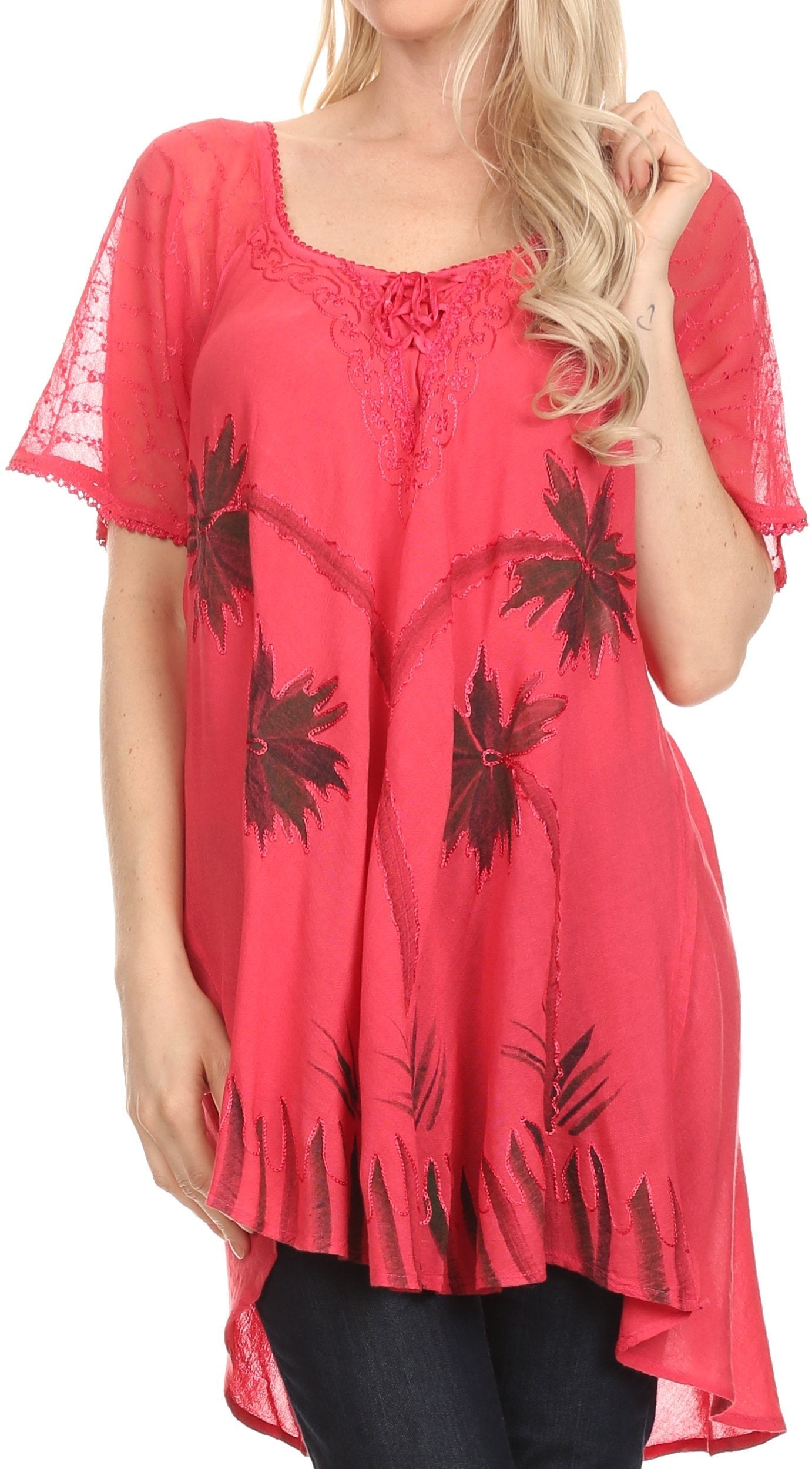 Sakkas - Albina Island Relaxed Fit Embroidery Cap Sleeves Blouse