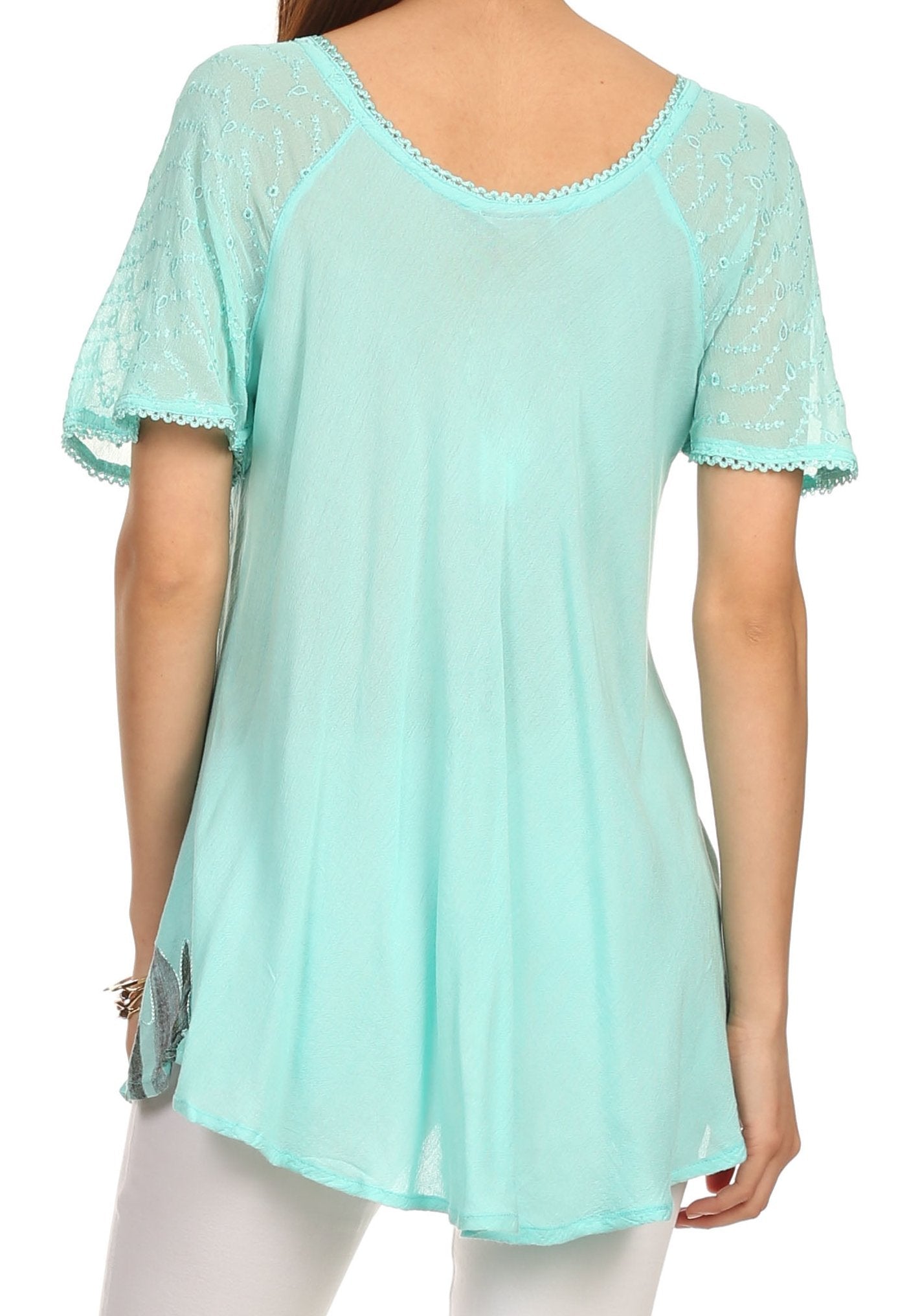 Sakkas - Albina Island Relaxed Fit Embroidery Cap Sleeves Blouse