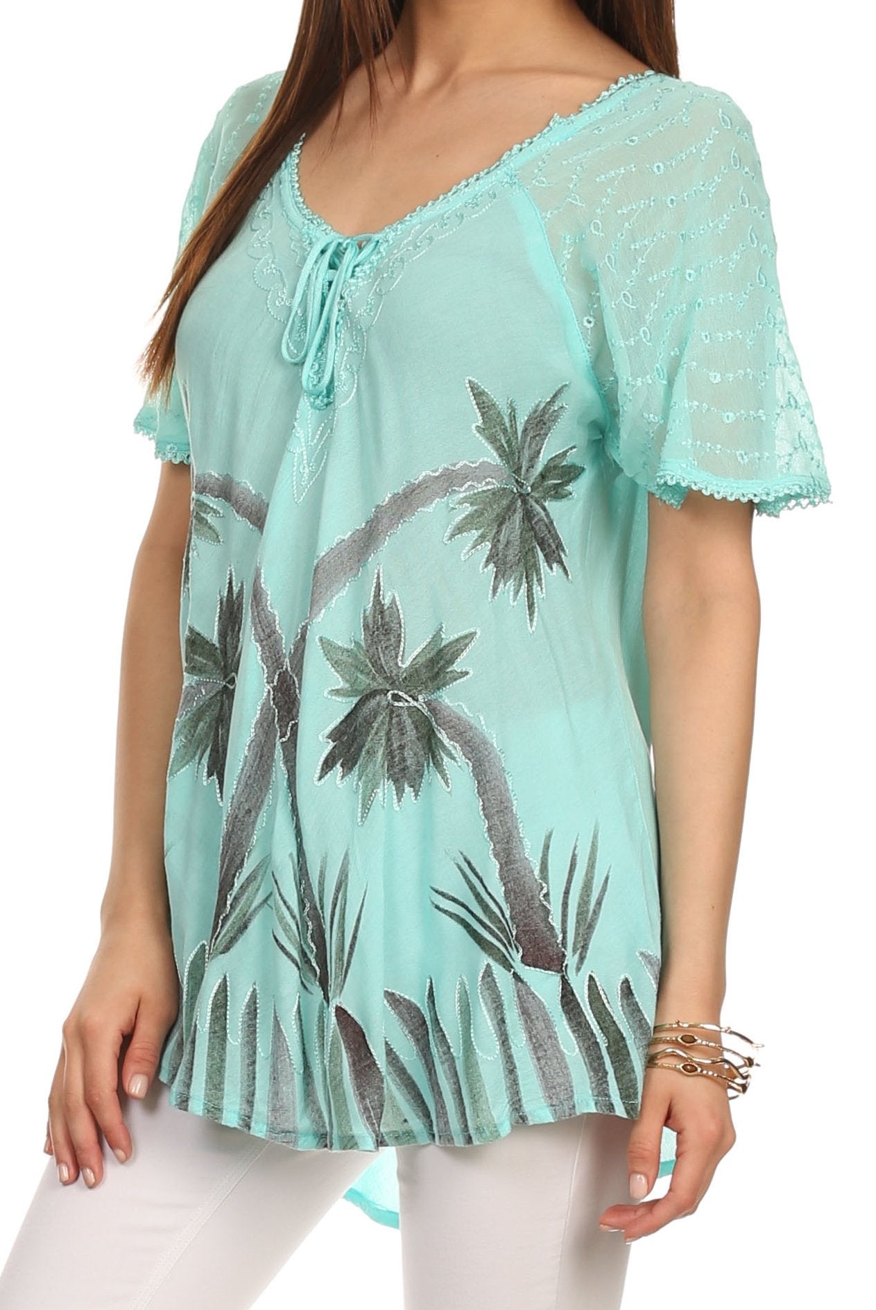 Sakkas - Albina Island Relaxed Fit Embroidery Cap Sleeves Blouse