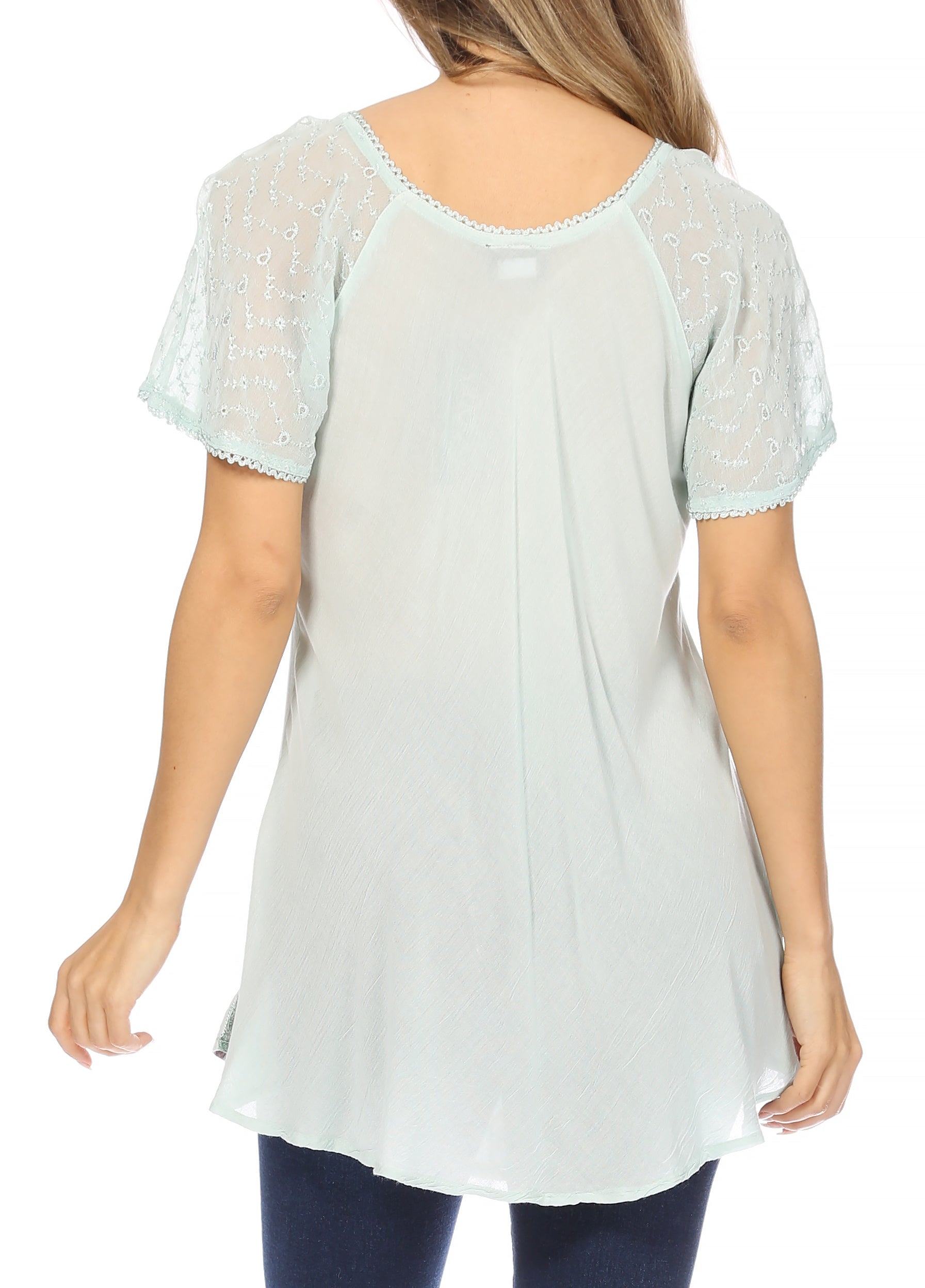 Sakkas - Albina Island Relaxed Fit Embroidery Cap Sleeves Blouse
