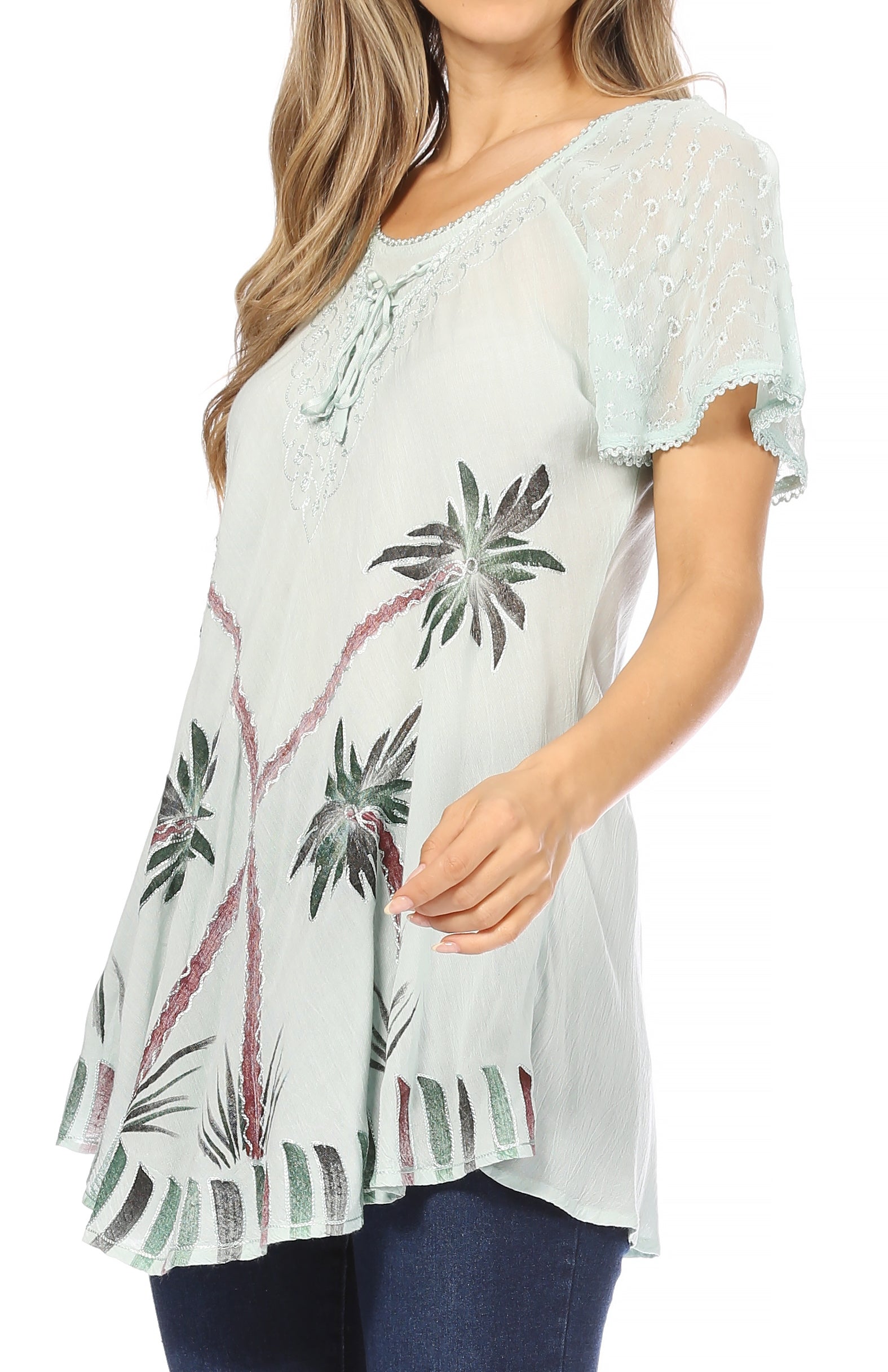Sakkas - Albina Island Relaxed Fit Embroidery Cap Sleeves Blouse