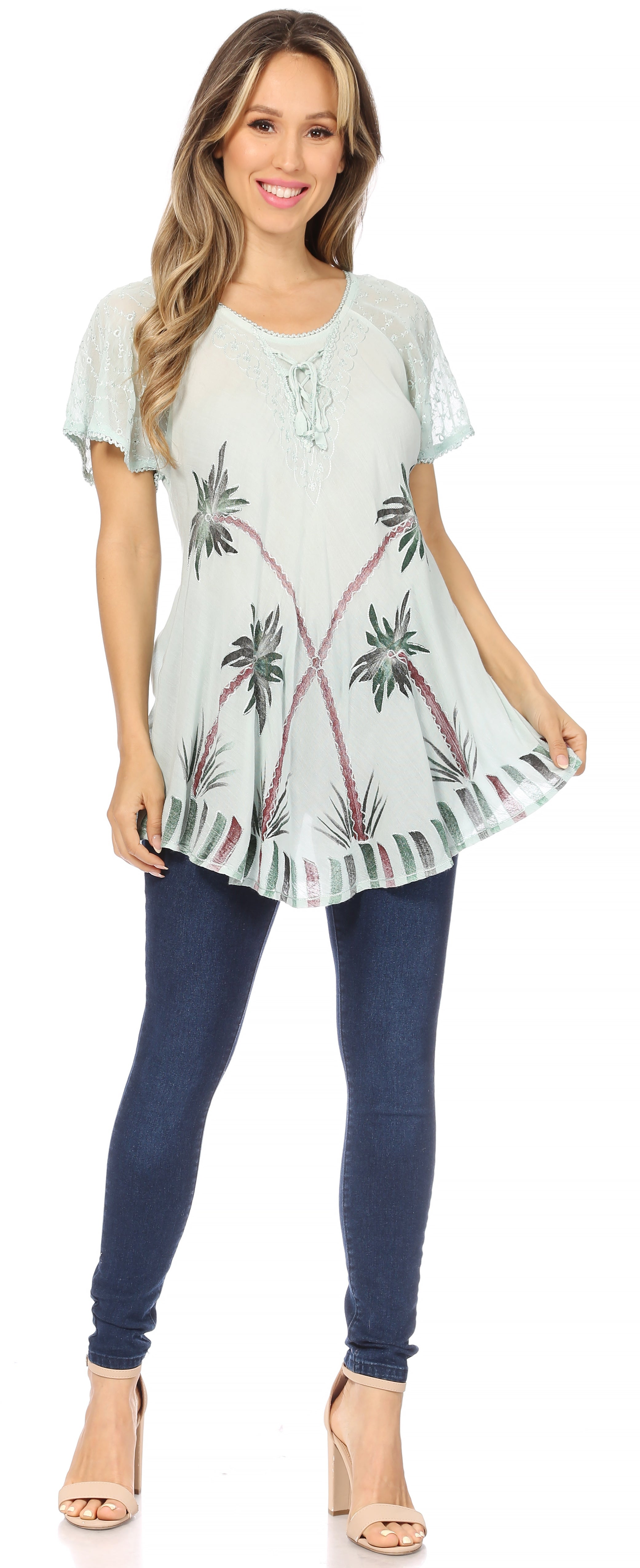 Sakkas - Albina Island Relaxed Fit Embroidery Cap Sleeves Blouse