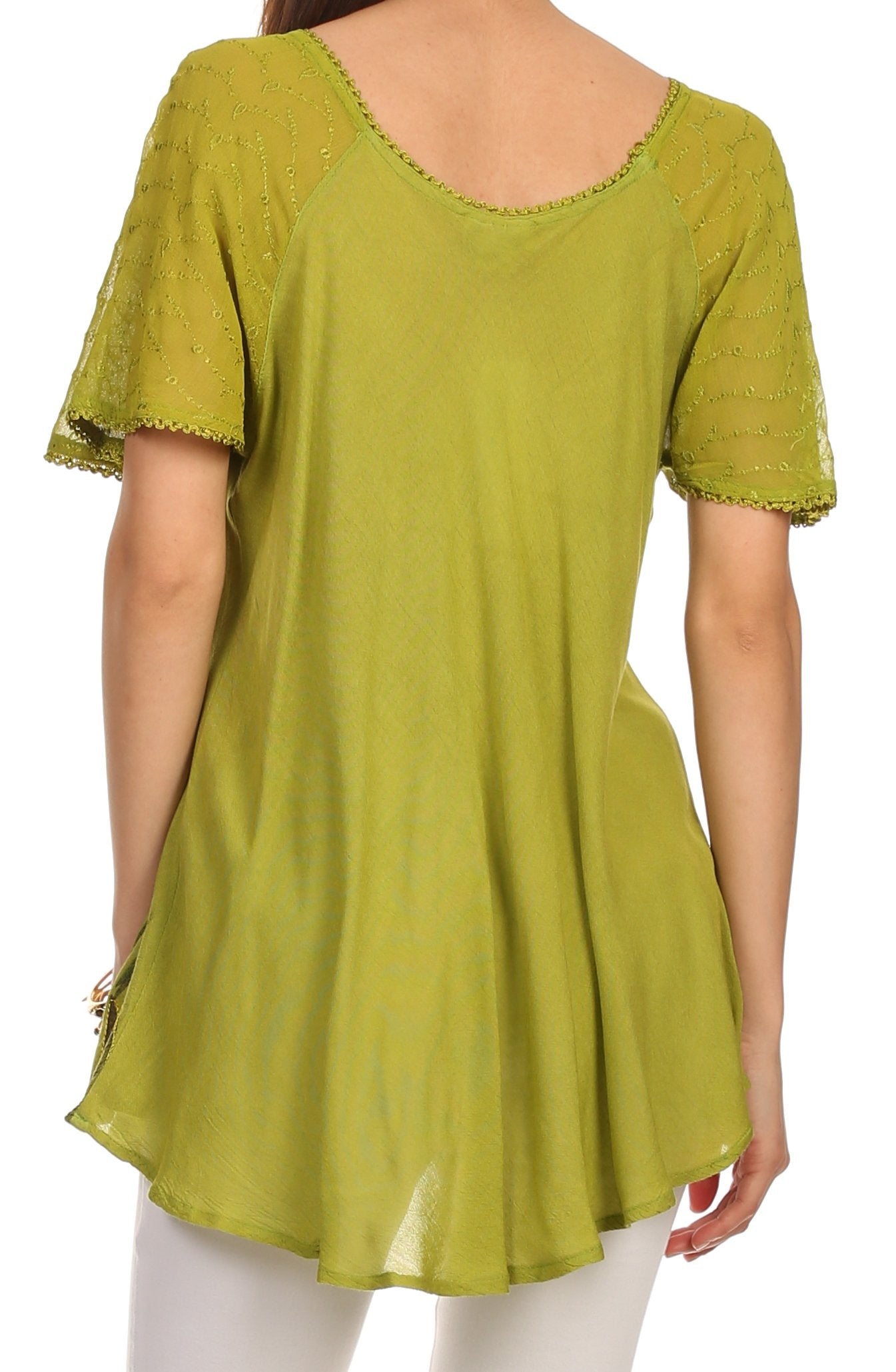Sakkas - Albina Island Relaxed Fit Embroidery Cap Sleeves Blouse