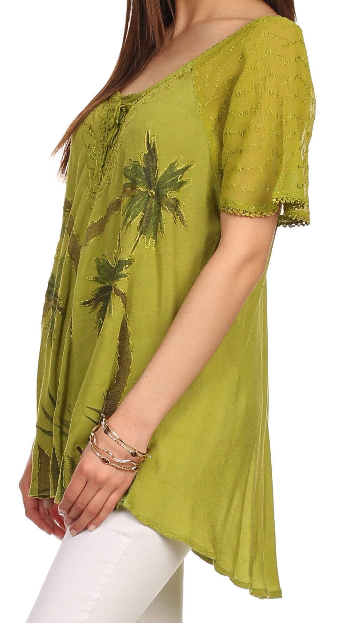 Sakkas - Albina Island Relaxed Fit Embroidery Cap Sleeves Blouse