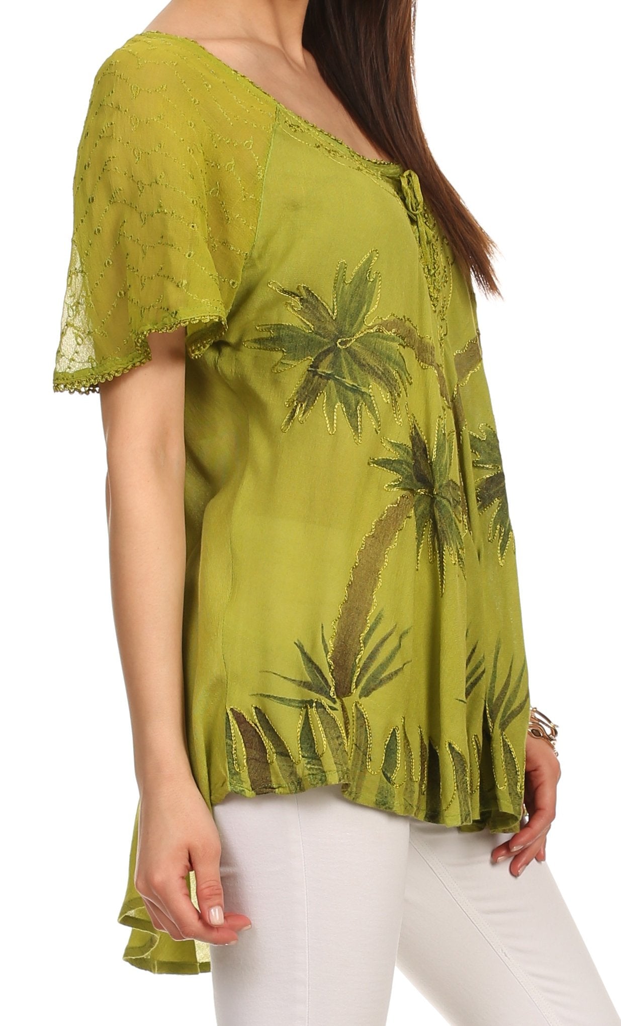 Sakkas - Albina Island Relaxed Fit Embroidery Cap Sleeves Blouse