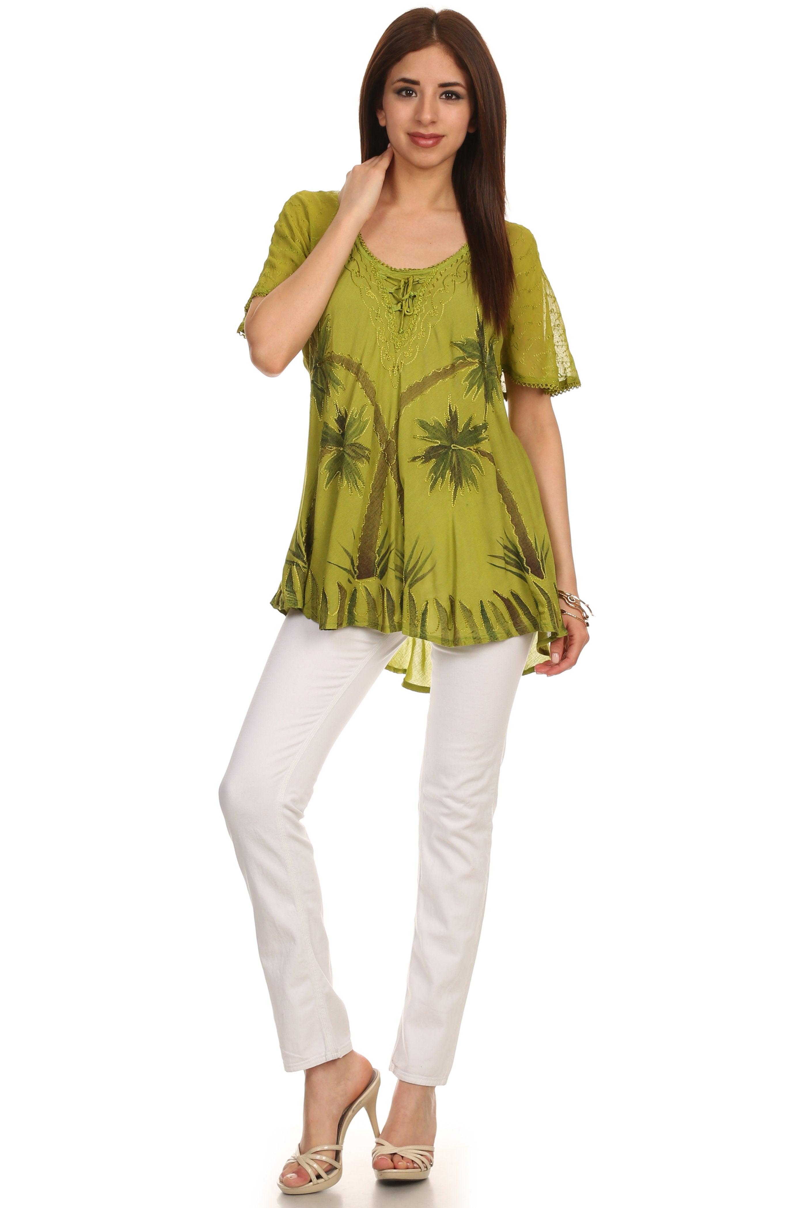 Sakkas - Albina Island Relaxed Fit Embroidery Cap Sleeves Blouse