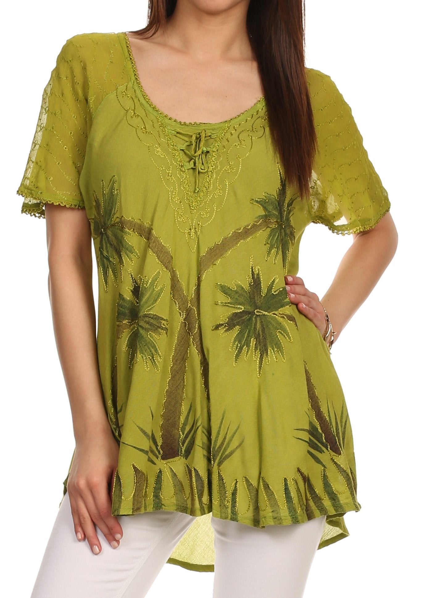 Sakkas - Albina Island Relaxed Fit Embroidery Cap Sleeves Blouse
