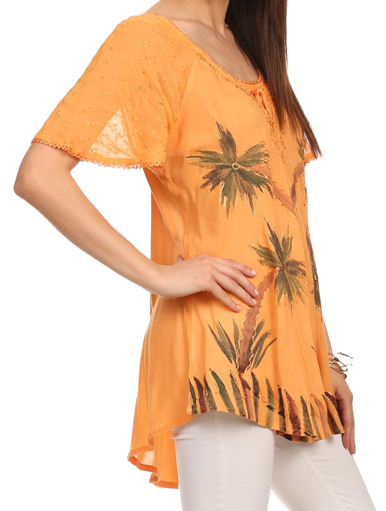 Sakkas - Albina Island Relaxed Fit Embroidery Cap Sleeves Blouse
