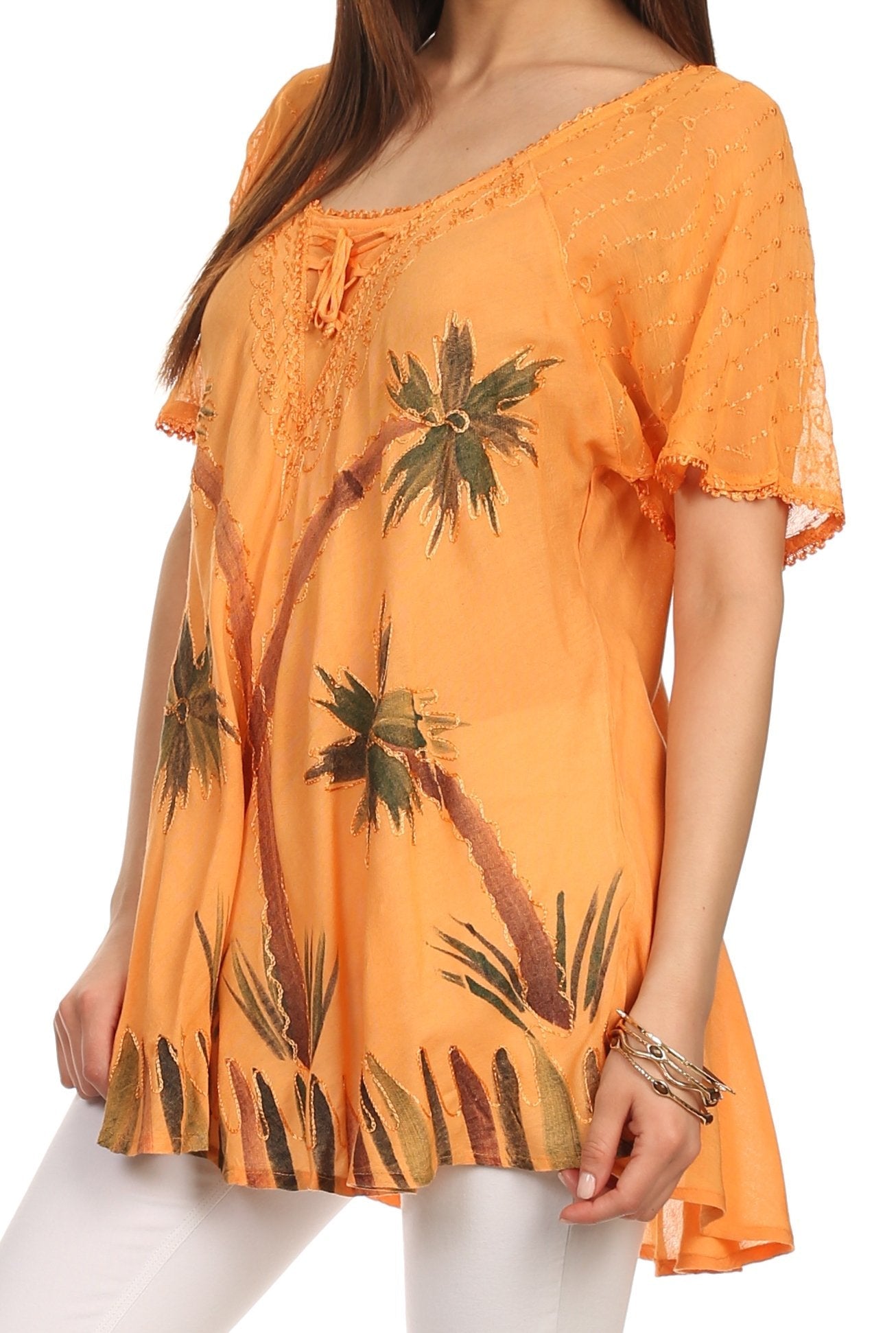 Sakkas - Albina Island Relaxed Fit Embroidery Cap Sleeves Blouse